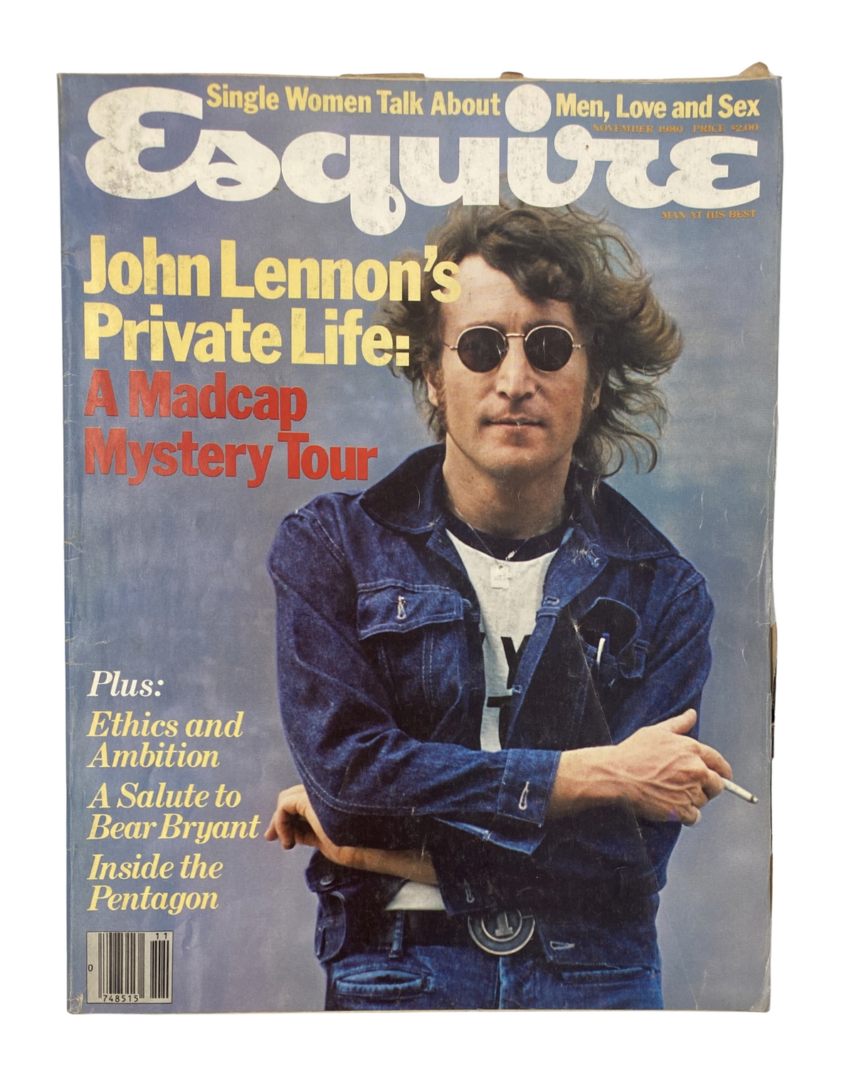 Esquire Magazine November 1980 cover featuring John Lennon with glasses and a denim jacket, headlined 'John Lennon's Private Life: A Madcap Mystery Tour'. Includes blurred background elements.