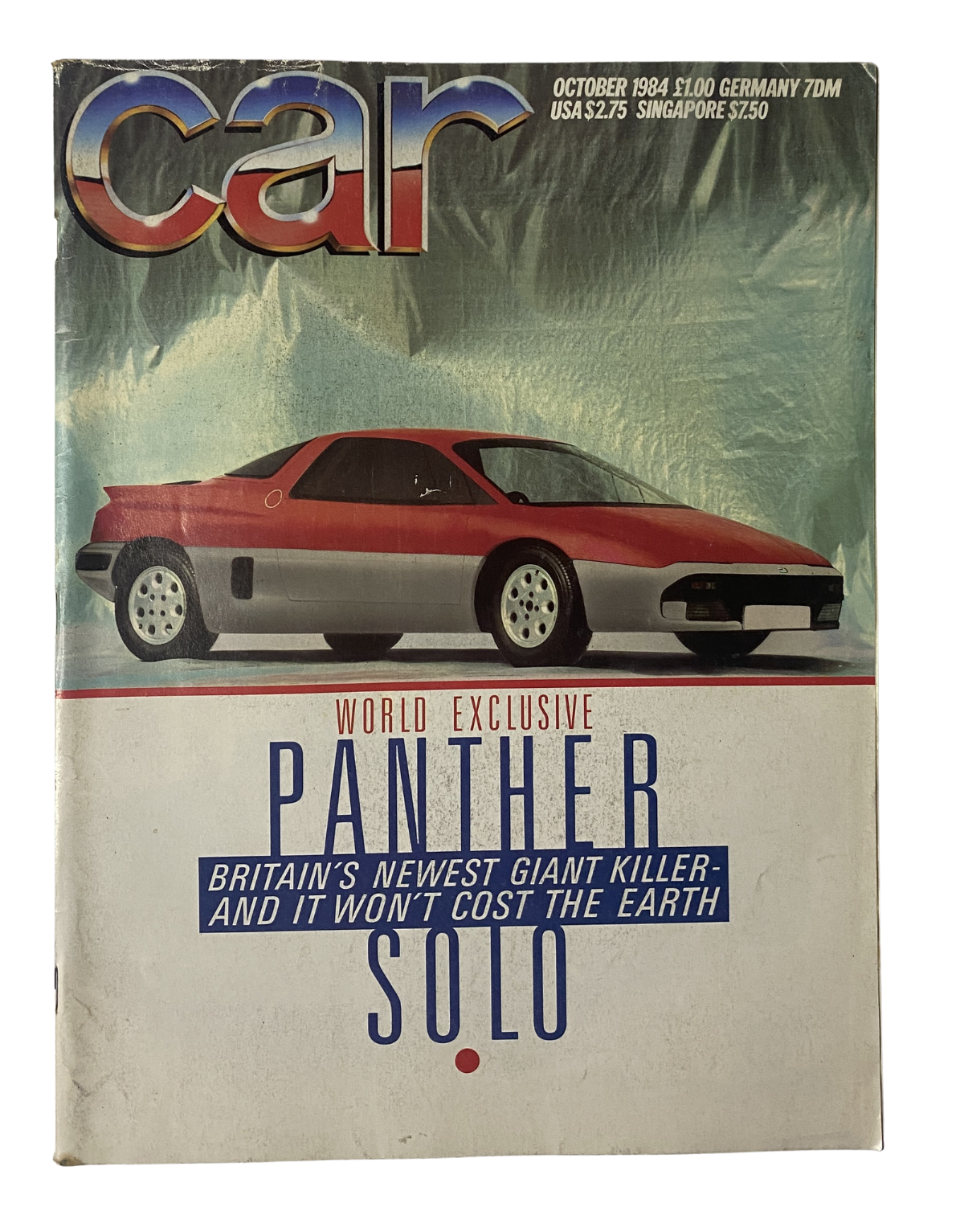 Cover of Car Magazine from October 1984 featuring an exclusive on the Panther Solo, described as Britain's newest giant killer, with sleek design and bold text announcing its world exclusive and affordability.