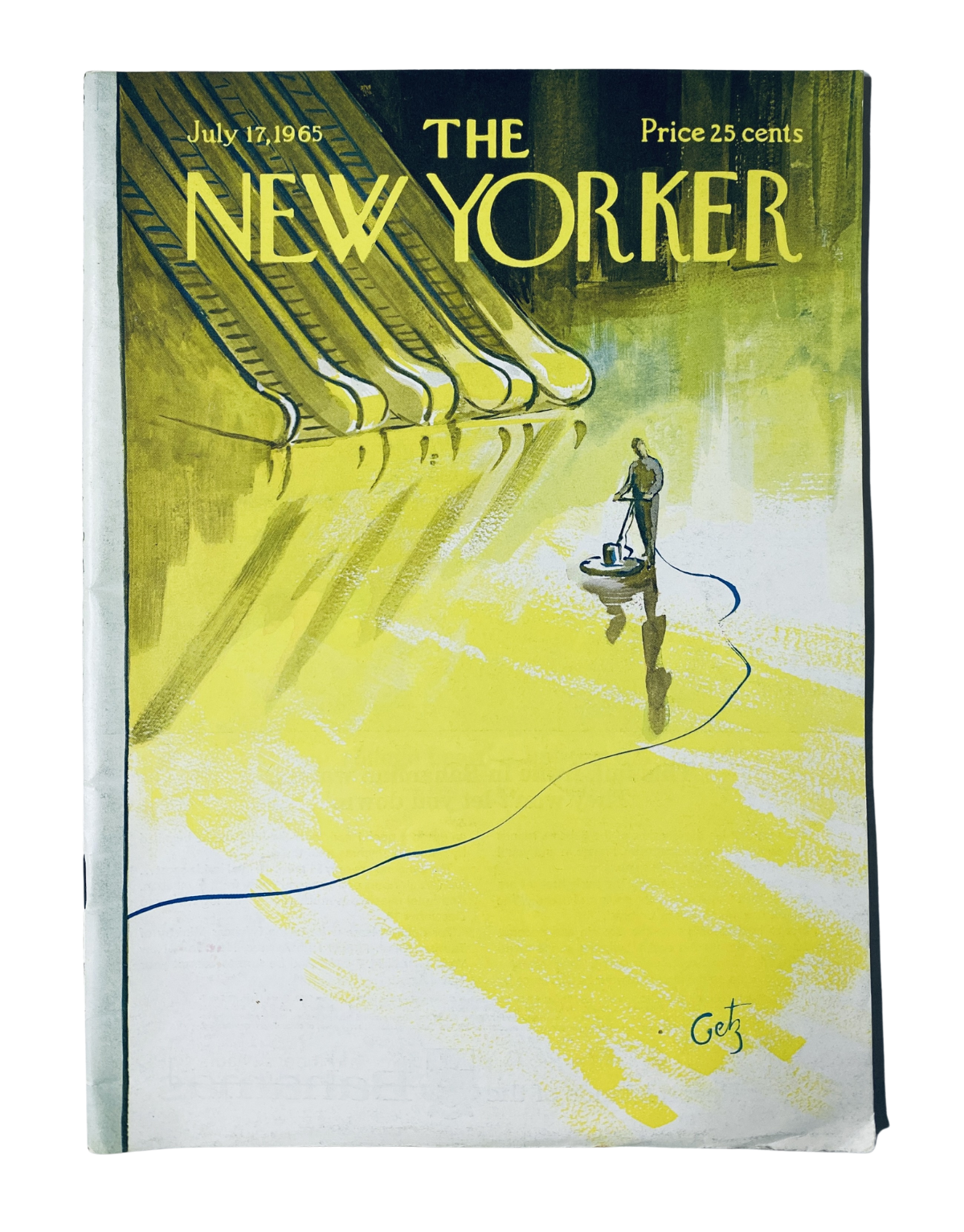 The New Yorker Magazine July 17, 1965 cover featuring a custodian floor polisher illustration by Arthur Getz, showcasing a vibrant yellow background and bold typography.