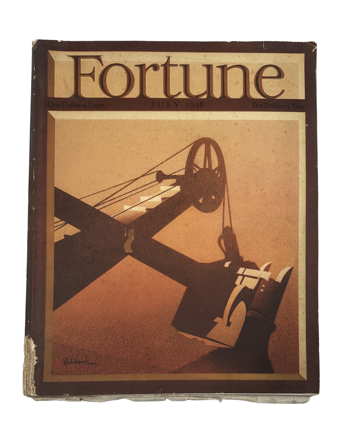 Fortune Magazine July 1938 cover featuring an oil pump jack design, showcasing a warm color palette and the title prominently displayed.