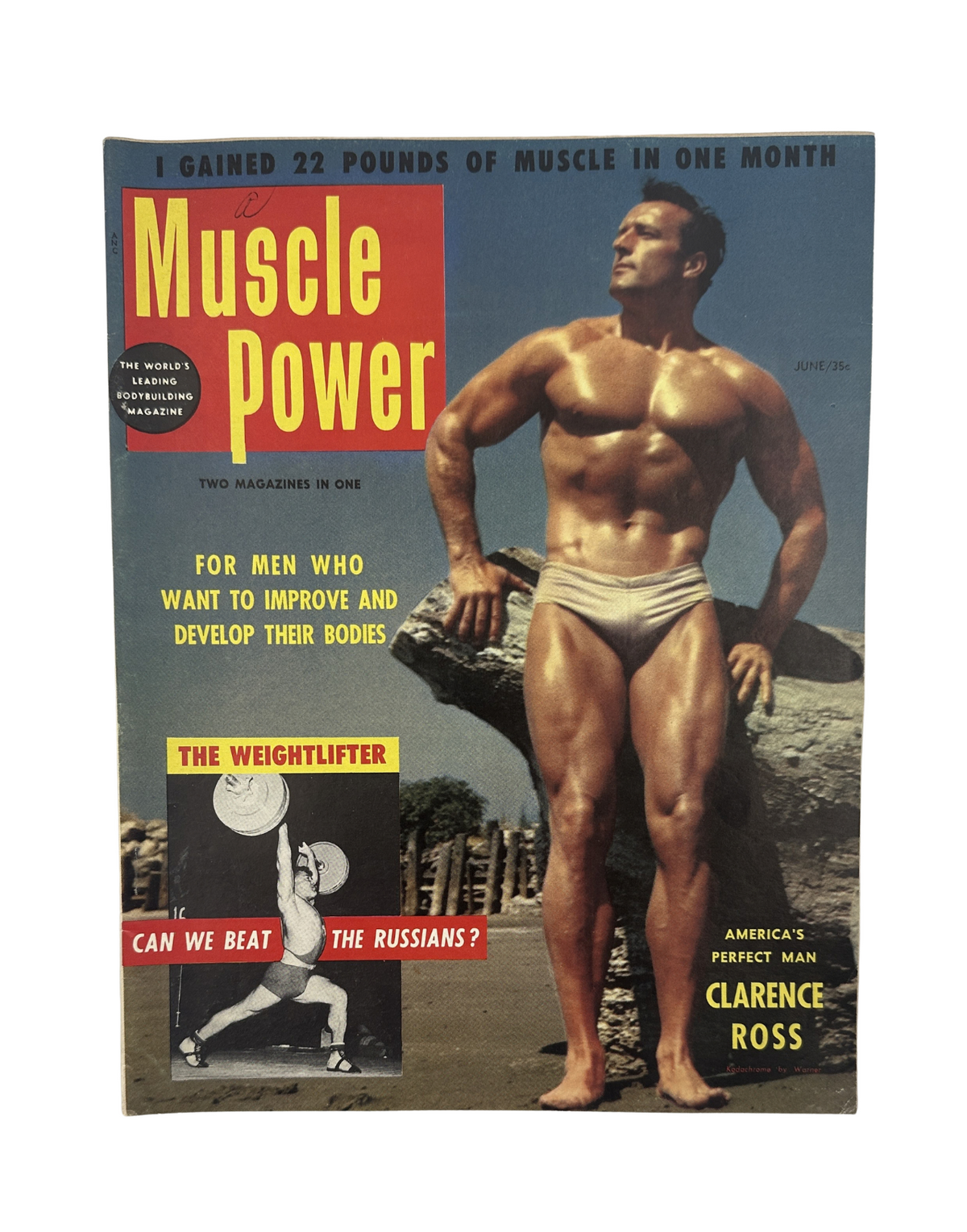 Cover of Muscle Power Magazine, June 1954, featuring Clarence Ross, highlighting the theme of bodybuilding and weightlifting.