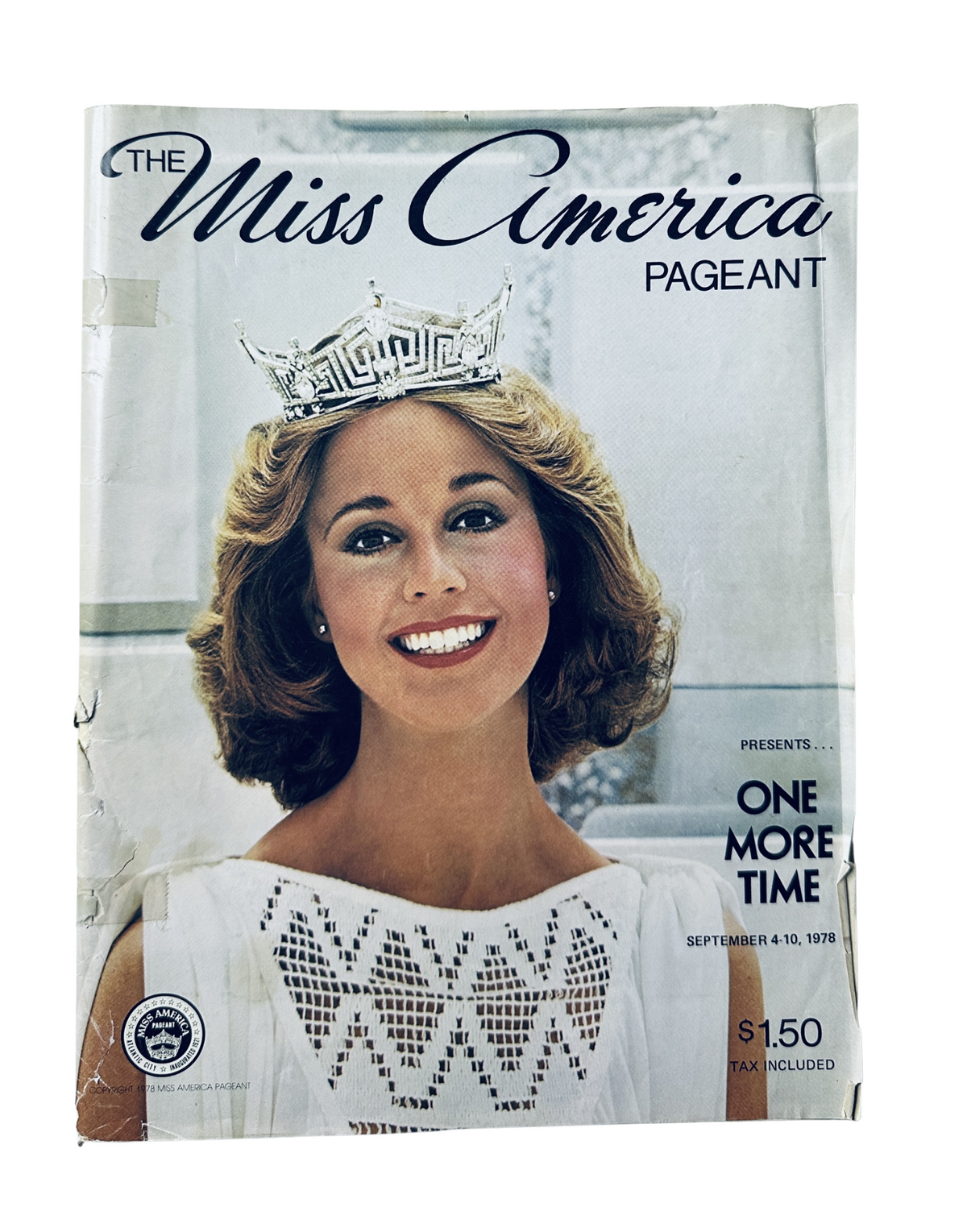 Cover of the Miss America Pageant Magazine from September 4–10, 1978, featuring Susan Perkins wearing a crown and a white gown, highlighting the theme 'One More Time'. This vintage magazine is priced at $1.50 plus tax.