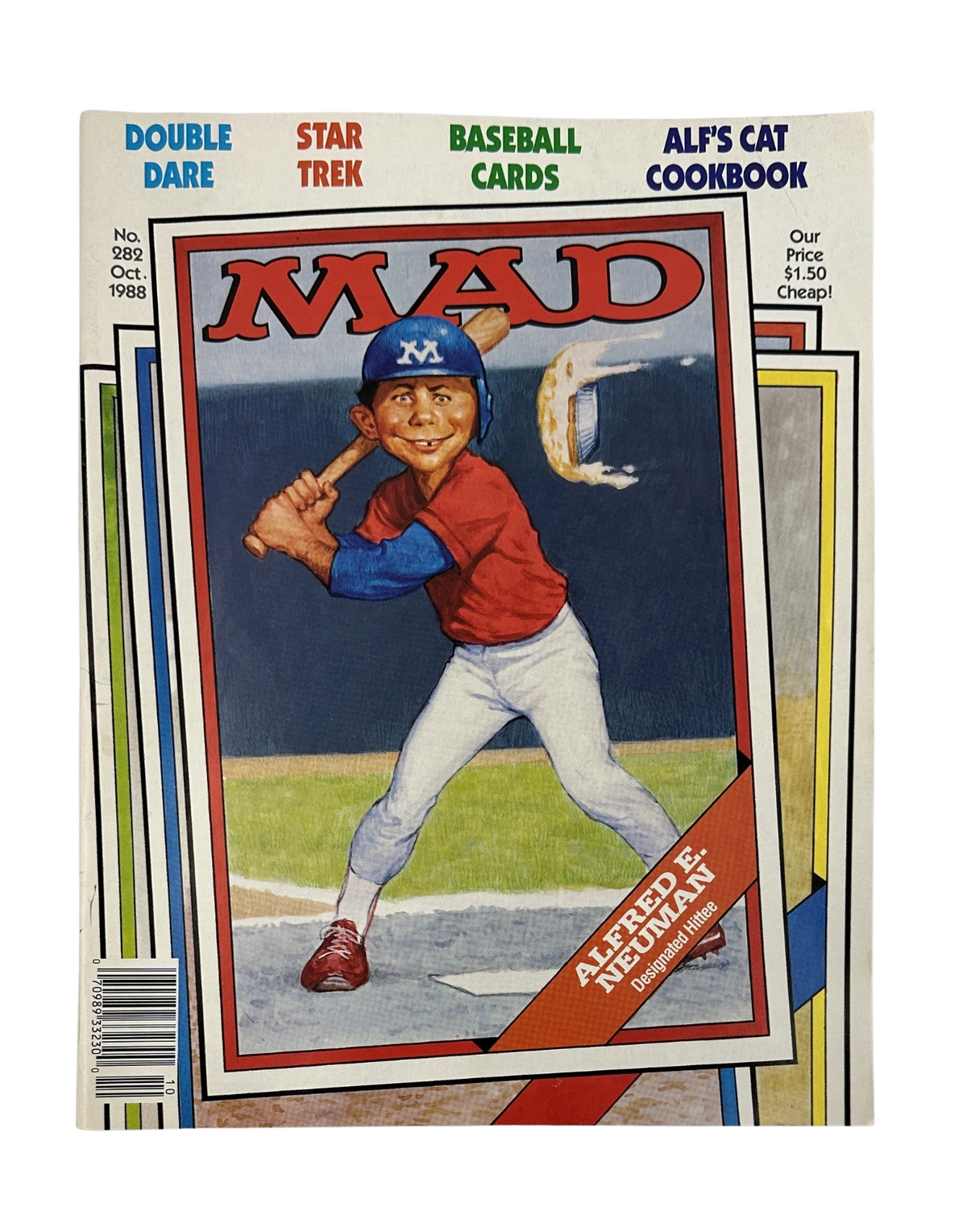 MAD Magazine No. 282 from October 1988 featuring a colorful cover illustration of a young baseball player and Alfred E. Neuman, the magazine's mascot. The issue includes satirical content on pop culture, advertising 'Star Blecch' and 'ALF's Cat Cookbook', and is graded Fine (FN 6.0), showing typical light wear.
