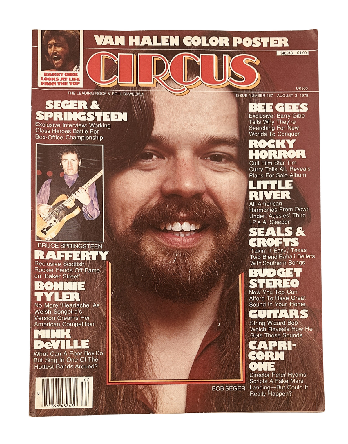 Cover of Circus Magazine from August 3, 1978 featuring Bob Seger, Bruce Springsteen, and the Bee Gees, showcasing a vintage rock and roll aesthetic, with colorful graphics and a Van Halen color poster included.