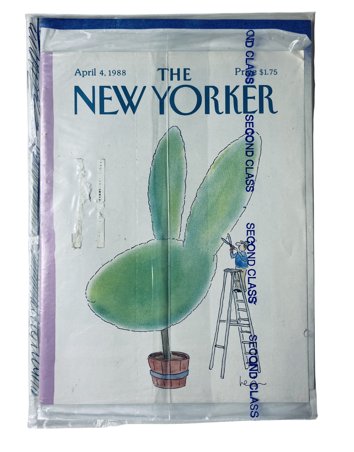 SEALED The New Yorker Magazine April 4, 1988 featuring a whimsical topiary bunny plant cover by A. Levin, preserved in factory-sealed vintage condition.
