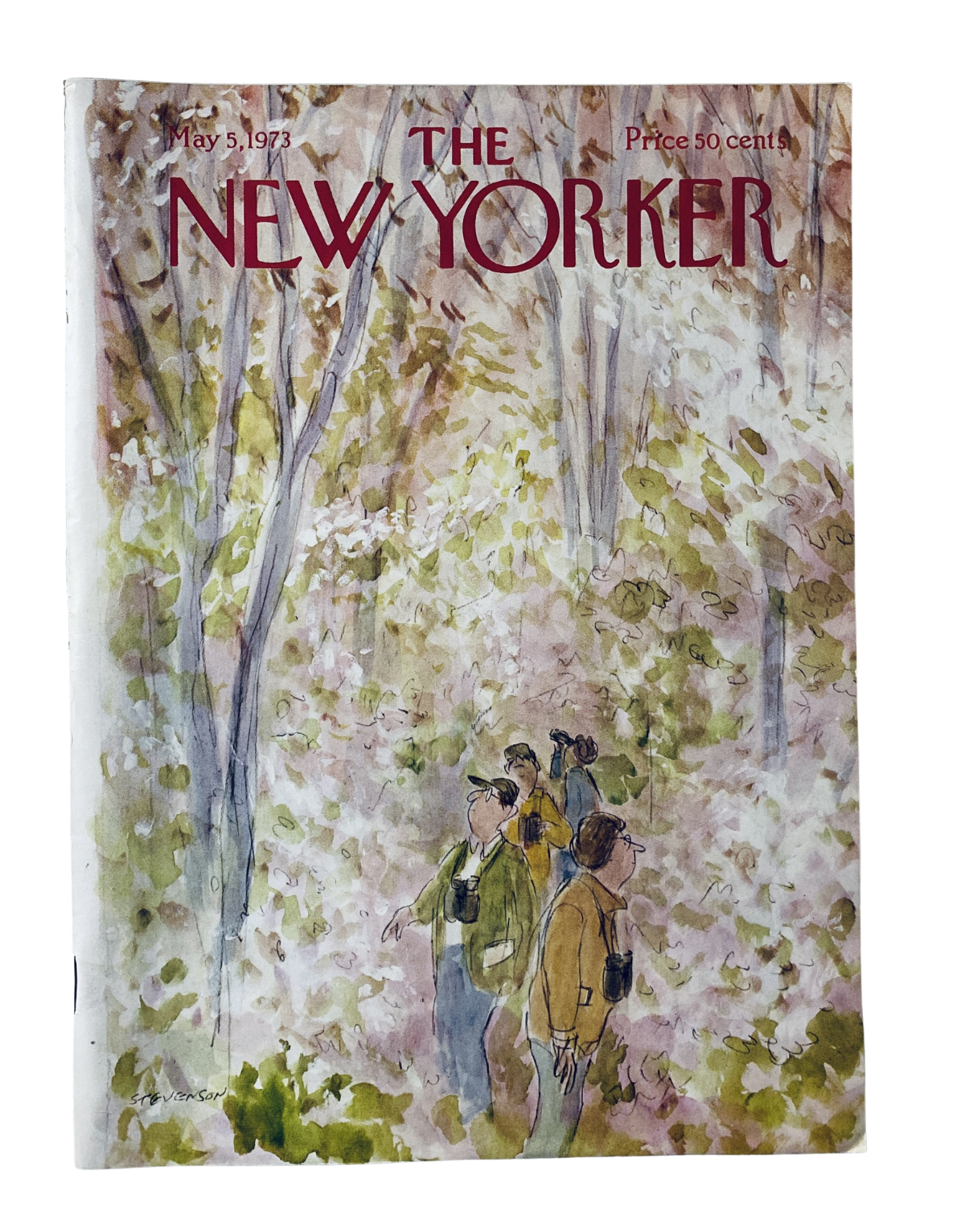 Cover of The New Yorker Magazine dated May 5, 1973, featuring a watercolor illustration of birdwatchers in a forest by James Stevenson.