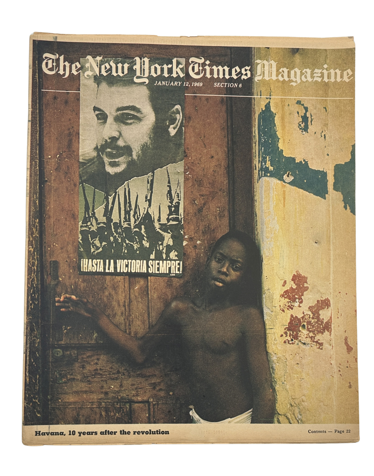 The New York Times Magazine January 12, 1969 cover featuring a portrait of Che Guevara and a young boy in Havana, showcasing the Cuban revolution's impact 10 years after Castro's rise to power.