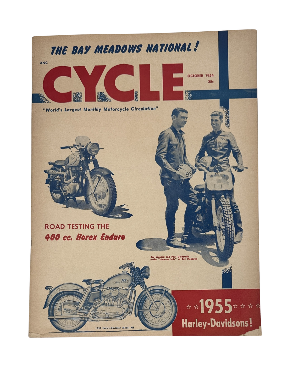 Cycle Magazine October 1954 cover featuring the Horex Enduro and Harley-Davidson motorcycles. The cover highlights the Bay Meadows National event and includes vivid graphics.