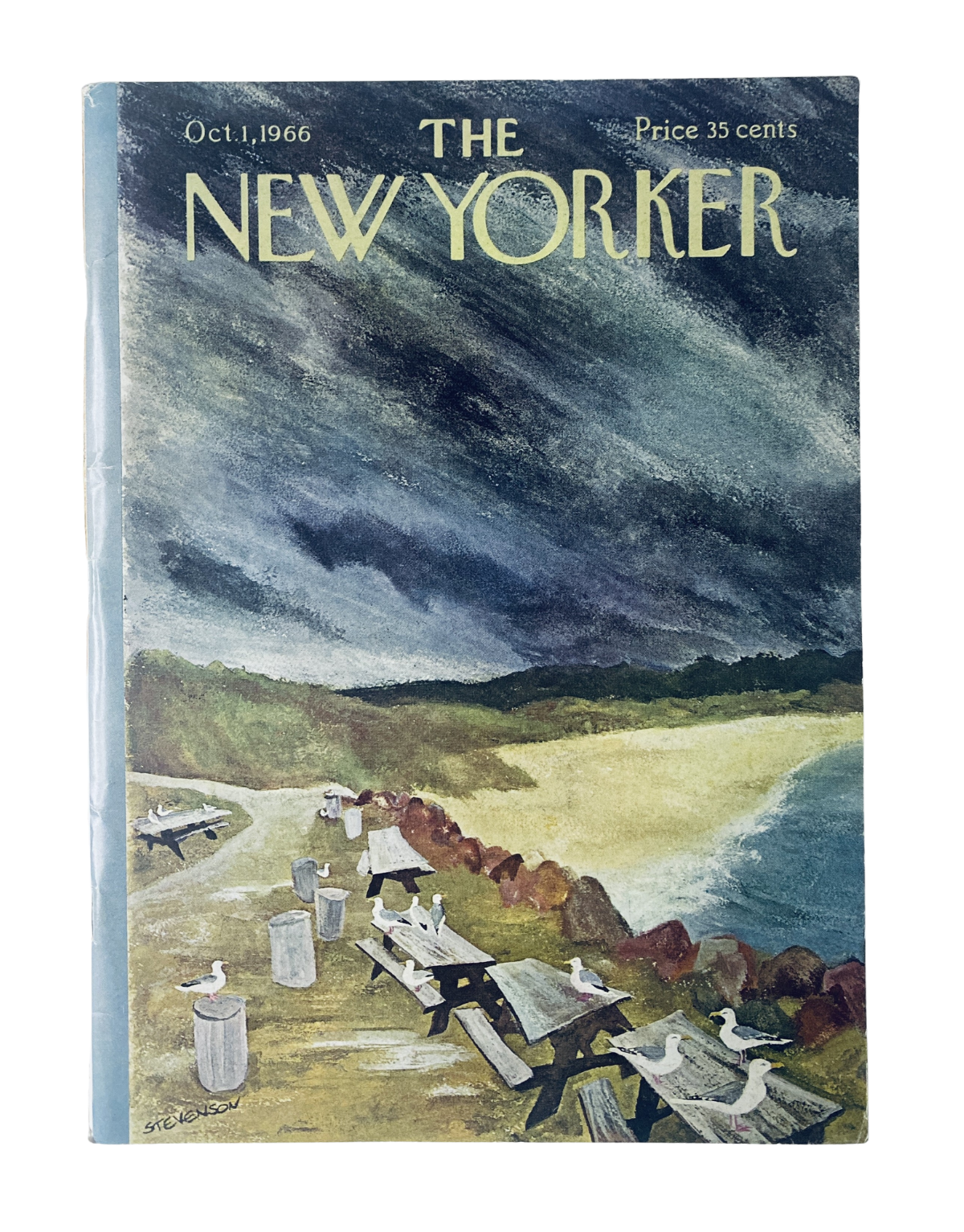 The New Yorker Magazine October 1, 1966, featuring a seaside cover illustration by James Stevenson, depicting a beach scene with outlines of chairs and seagulls.