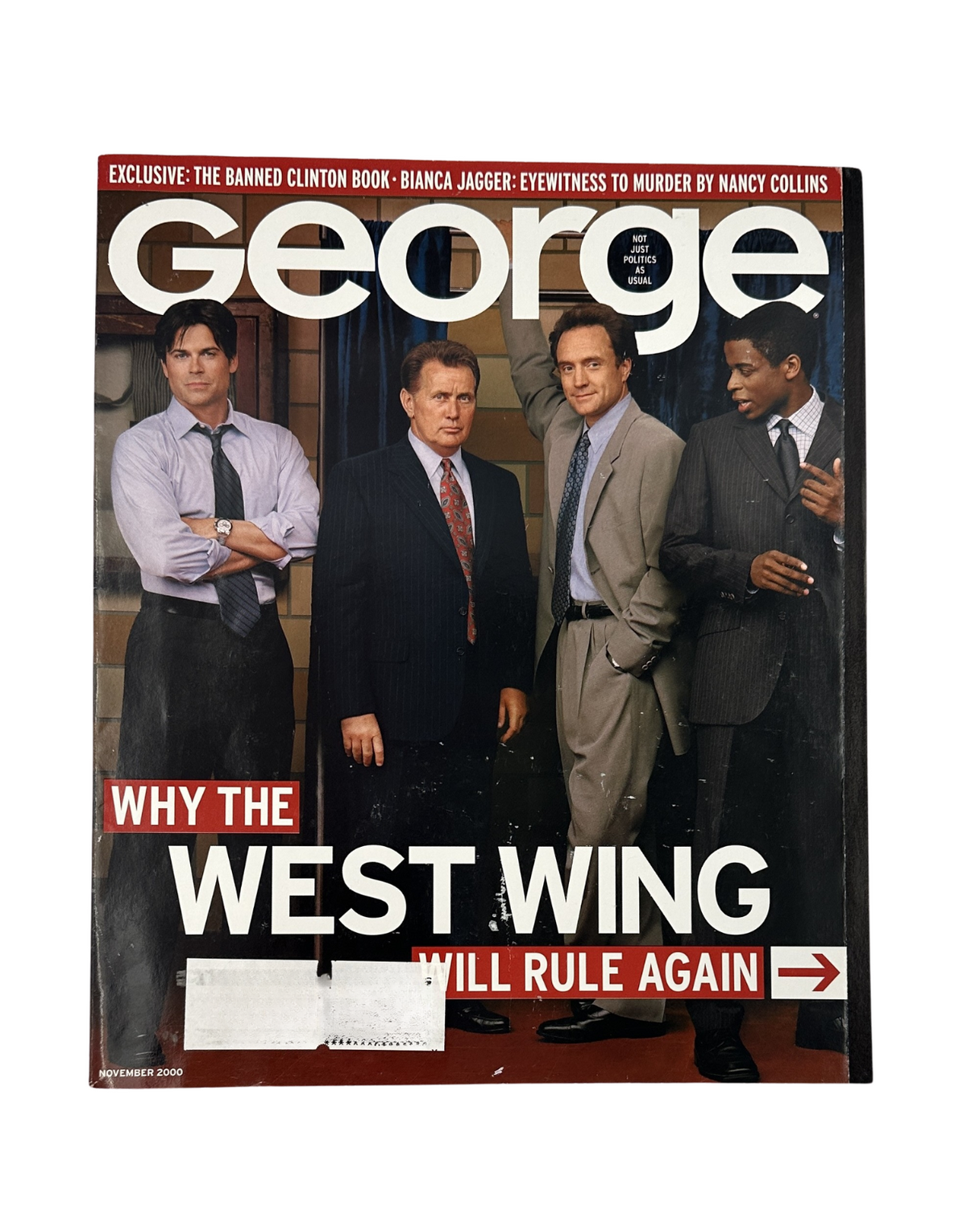 Cover of George Magazine November 2000 featuring a headline 'Why The West Wing Will Rule Again'. The image showcases four men dressed in business attire, emphasizing themes of politics, the West Wing, and the featured article on the magazine.