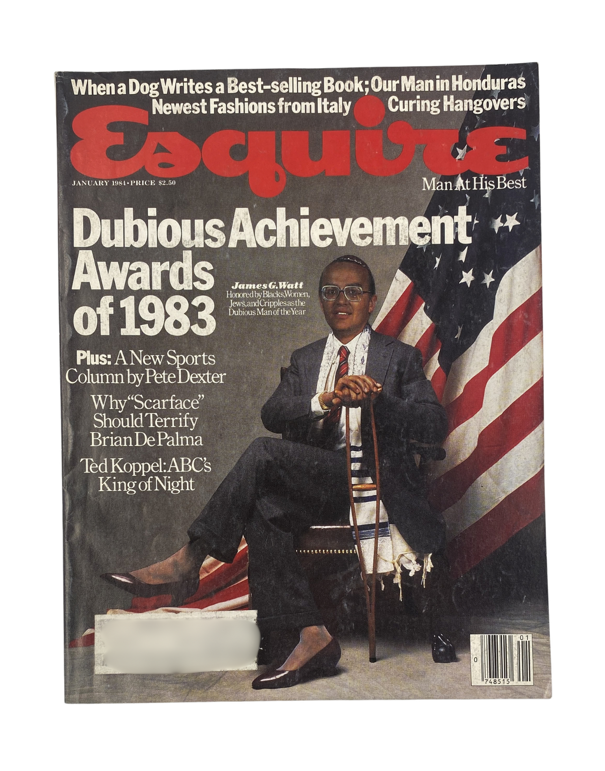 Esquire Magazine January 1984 cover featuring the Dubious Achievement Awards of 1983 with James G. Watt. The cover showcases an image of Watt seated in front of an American flag.
