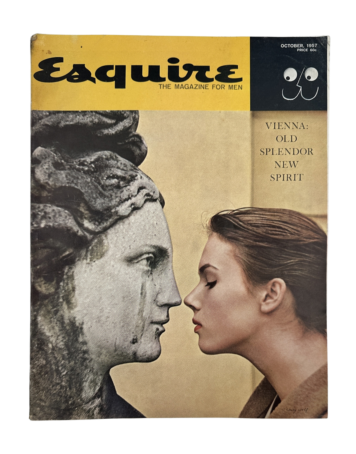 Esquire Magazine October 1957 featuring a close-up on the cover showcasing a woman and a statue, with the title 'Vienna: Old Splendor, New Spirit'.