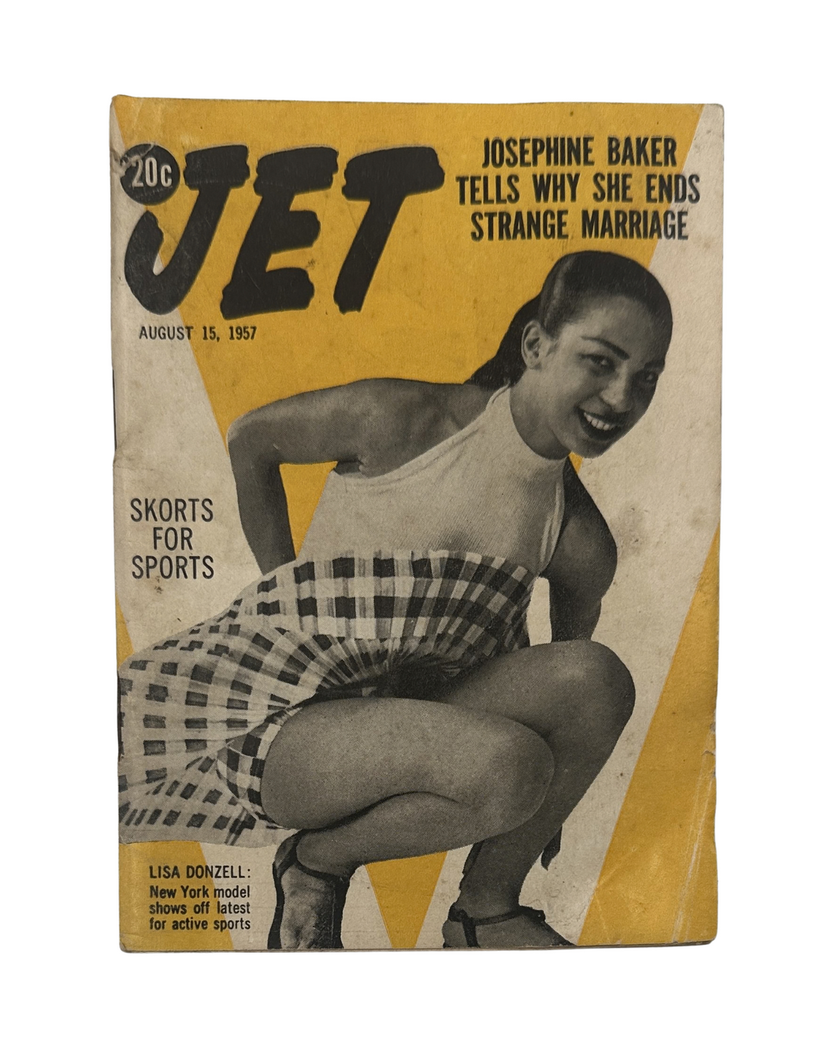 Jet Magazine cover featuring Lisa Donzell and Josephine Baker, dated August 15, 1957, highlighting sports and marriage themes.