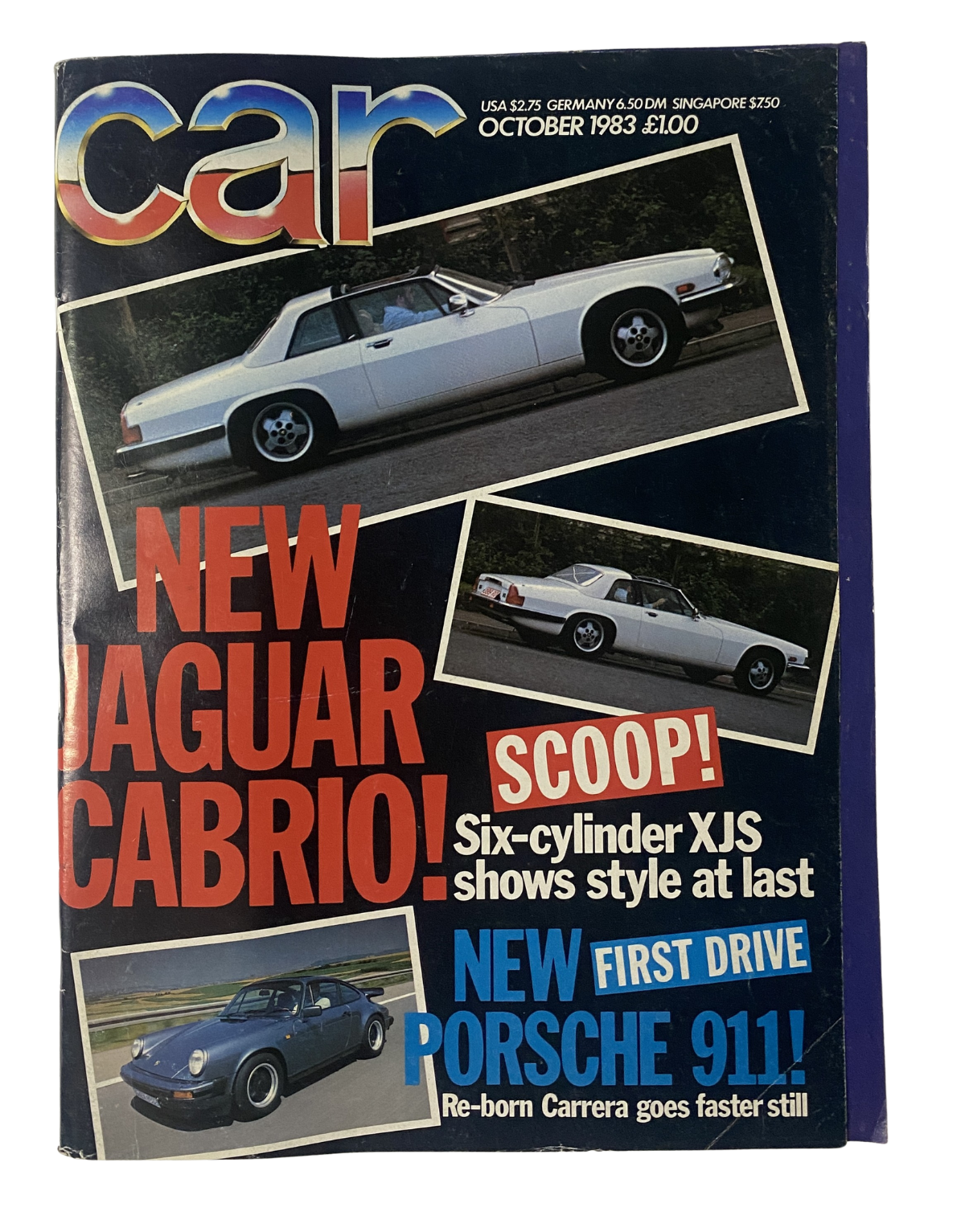 Car Magazine October 1983 cover featuring a Jaguar XJS Cabrio and Porsche 911, highlighting the scoop on the new Jaguar Cabrio and the first drive of the re-born Porsche 911.