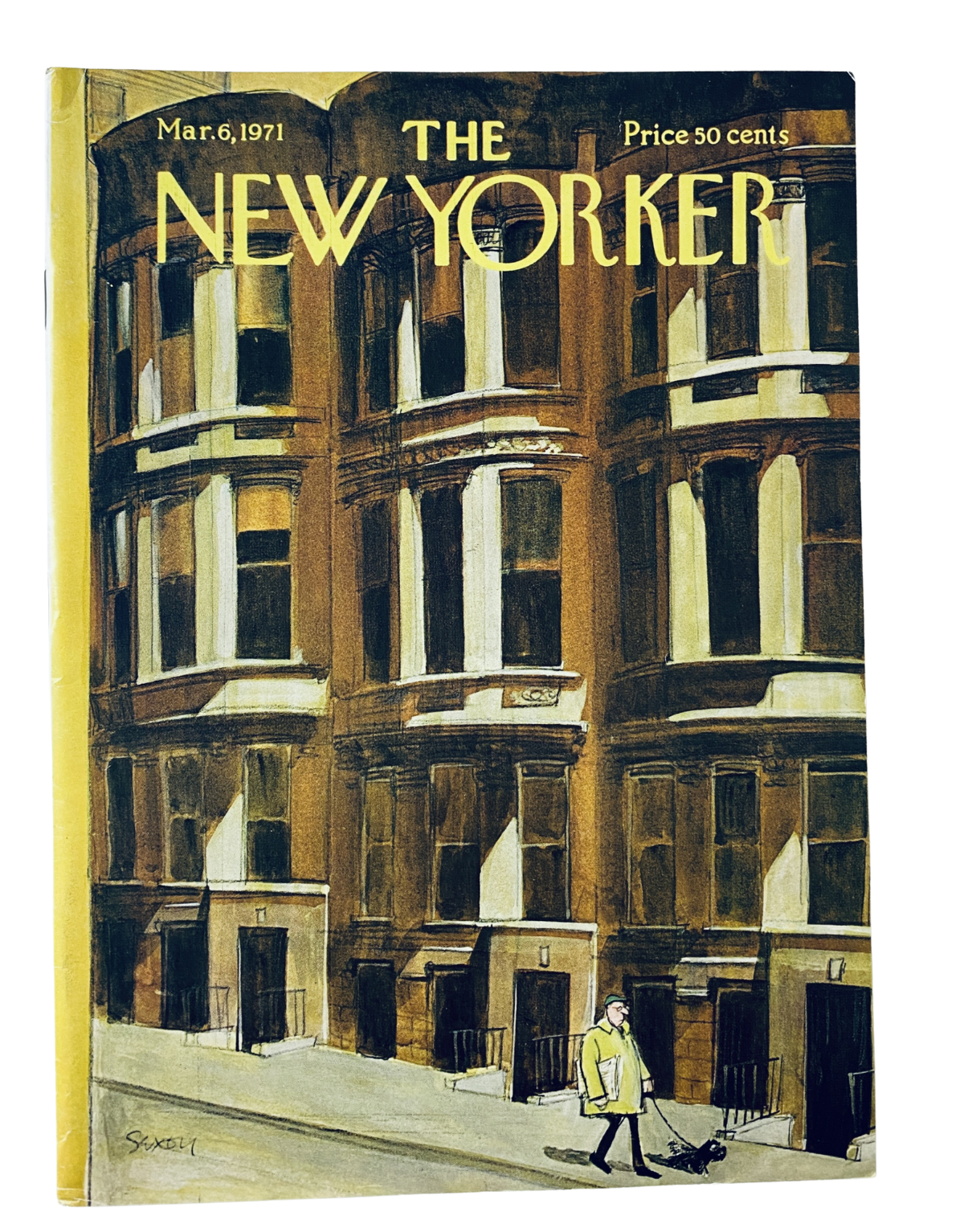 Cover of The New Yorker Magazine March 6, 1971, illustrated by Charles Saxon, depicting a brownstone street scene with a man walking a dog.