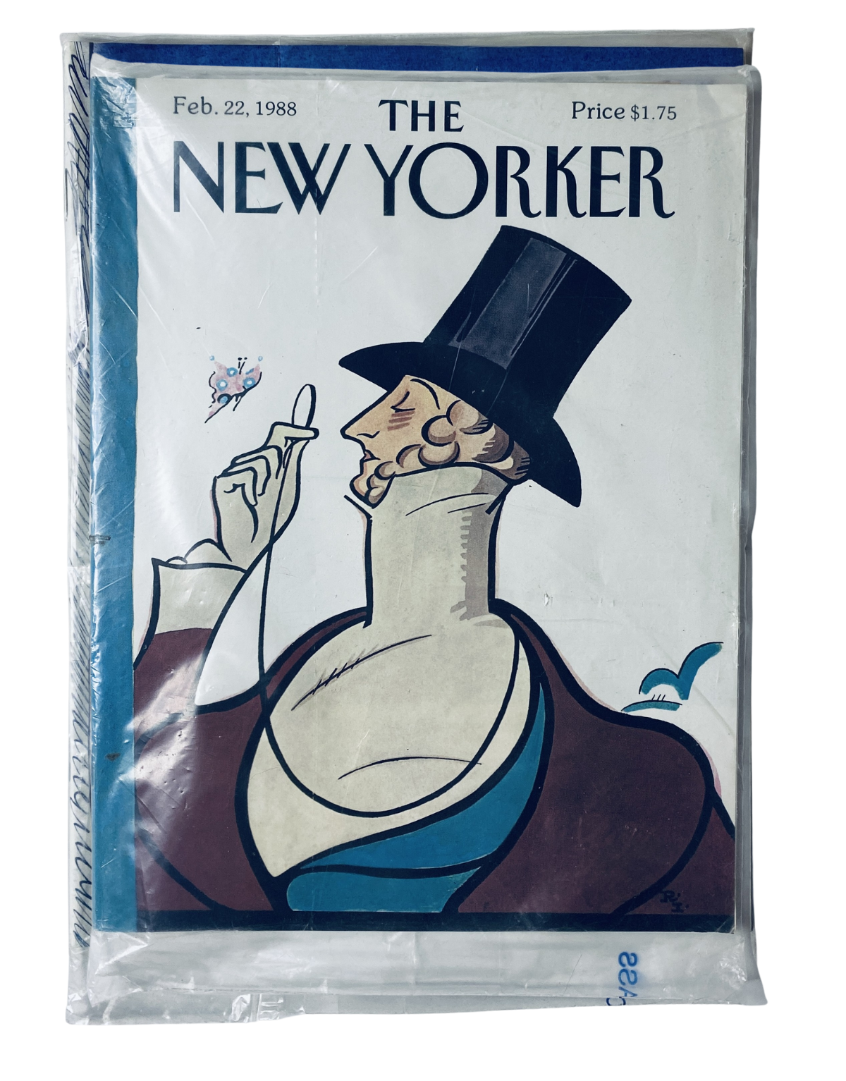 SEALED The New Yorker Magazine February 22, 1988 featuring a Top Hat Gentleman Illustration, an original vintage magazine in mint condition, perfect for collectors.
