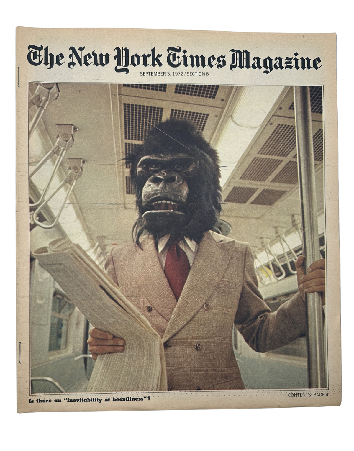 Cover of The New York Times Magazine September 3, 1972, featuring a man in a gorilla costume reading a newspaper on a subway train, highlighting the theme of 'Nuclear Space Ape'.