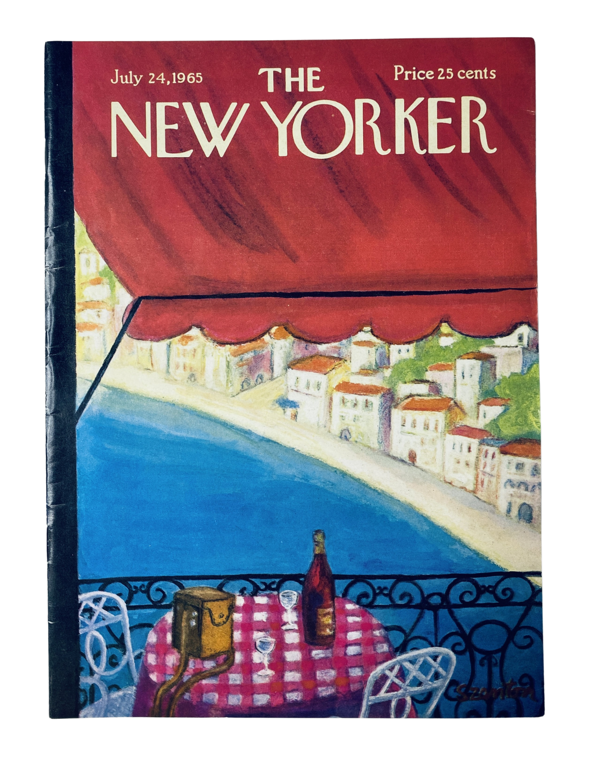 The New Yorker Magazine July 24, 1965 cover featuring a seaside café balcony scene with vibrant colors and a table set with a checkered cloth. Price listed as 25 cents.