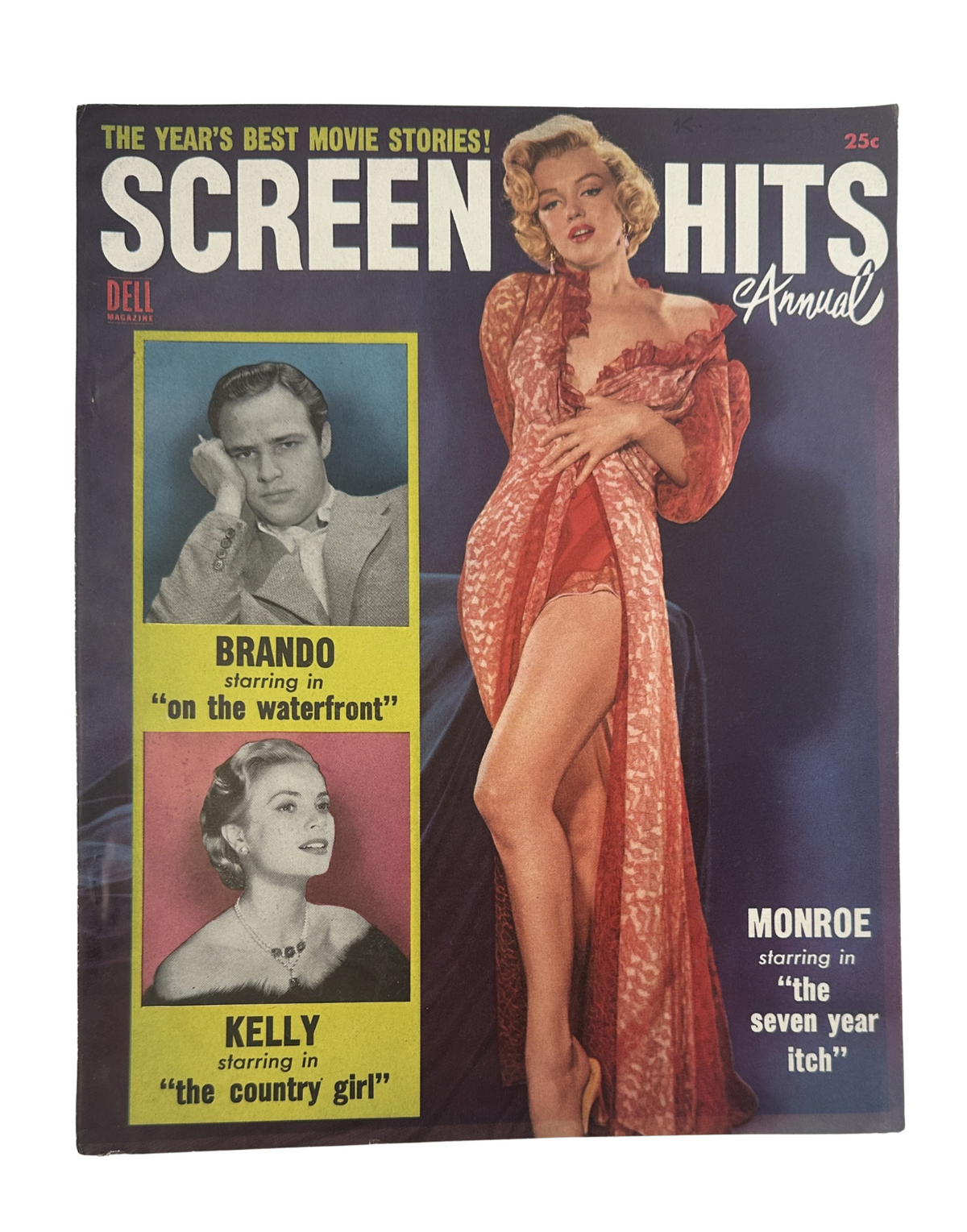 Screen Hits Magazine Annual 1955 cover featuring Marilyn Monroe, Marlon Brando, and Grace Kelly. The artwork highlights their notable films including 'The Seven Year Itch' and 'On the Waterfront'.