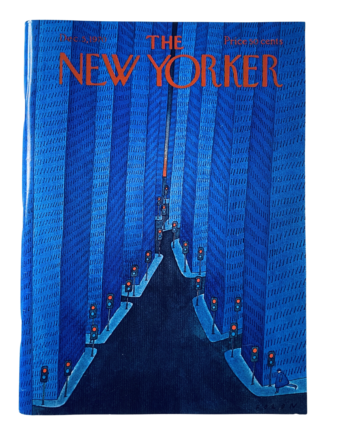 Cover of The New Yorker Magazine, December 5, 1970, featuring a blue cityscape with illuminated traffic lights, designed by J. Folon.