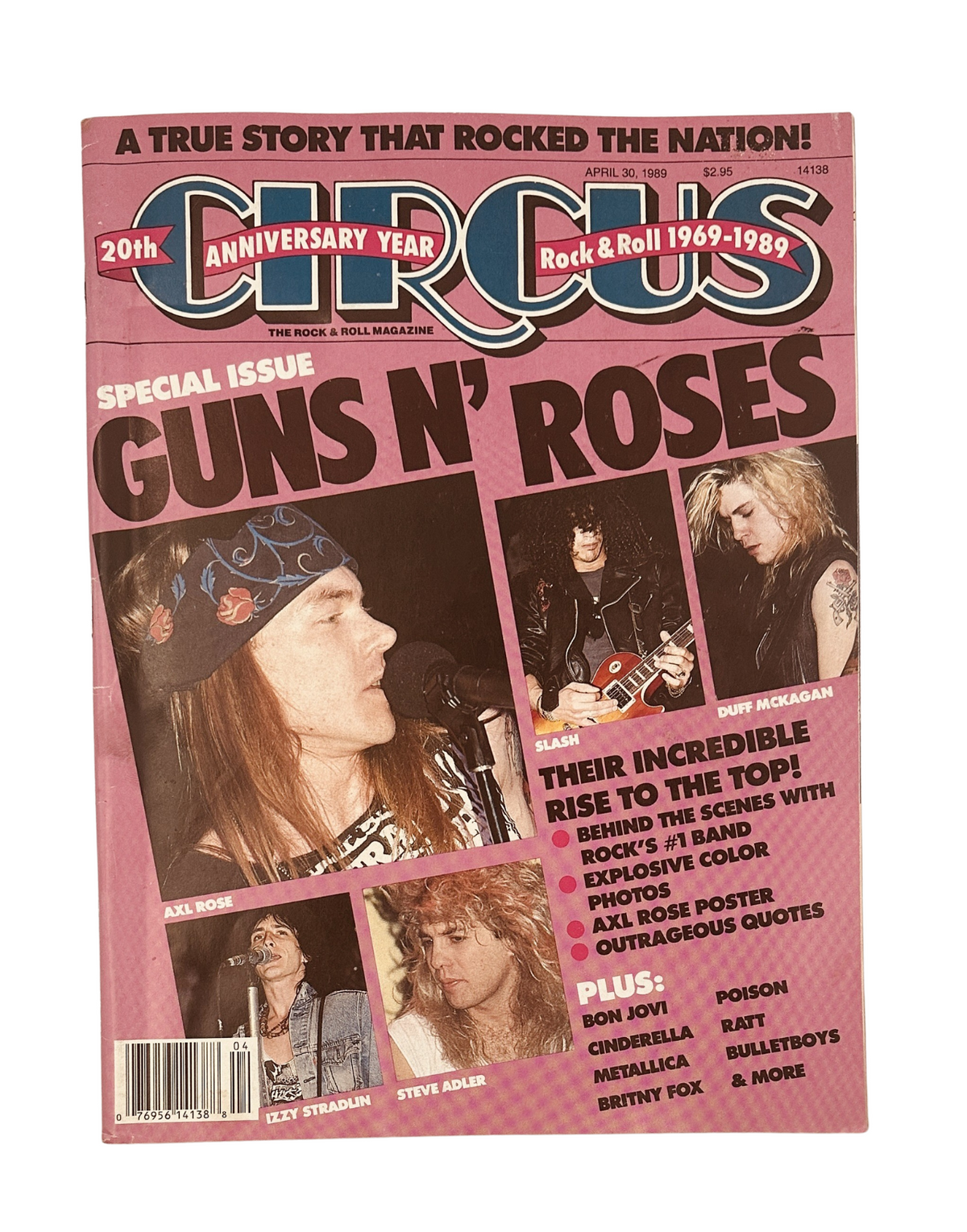 Circus Magazine cover from April 30, 1989 featuring Guns N' Roses, Axl Rose, Slash, and special highlights of the issue, celebrating the band's rise and music scene.