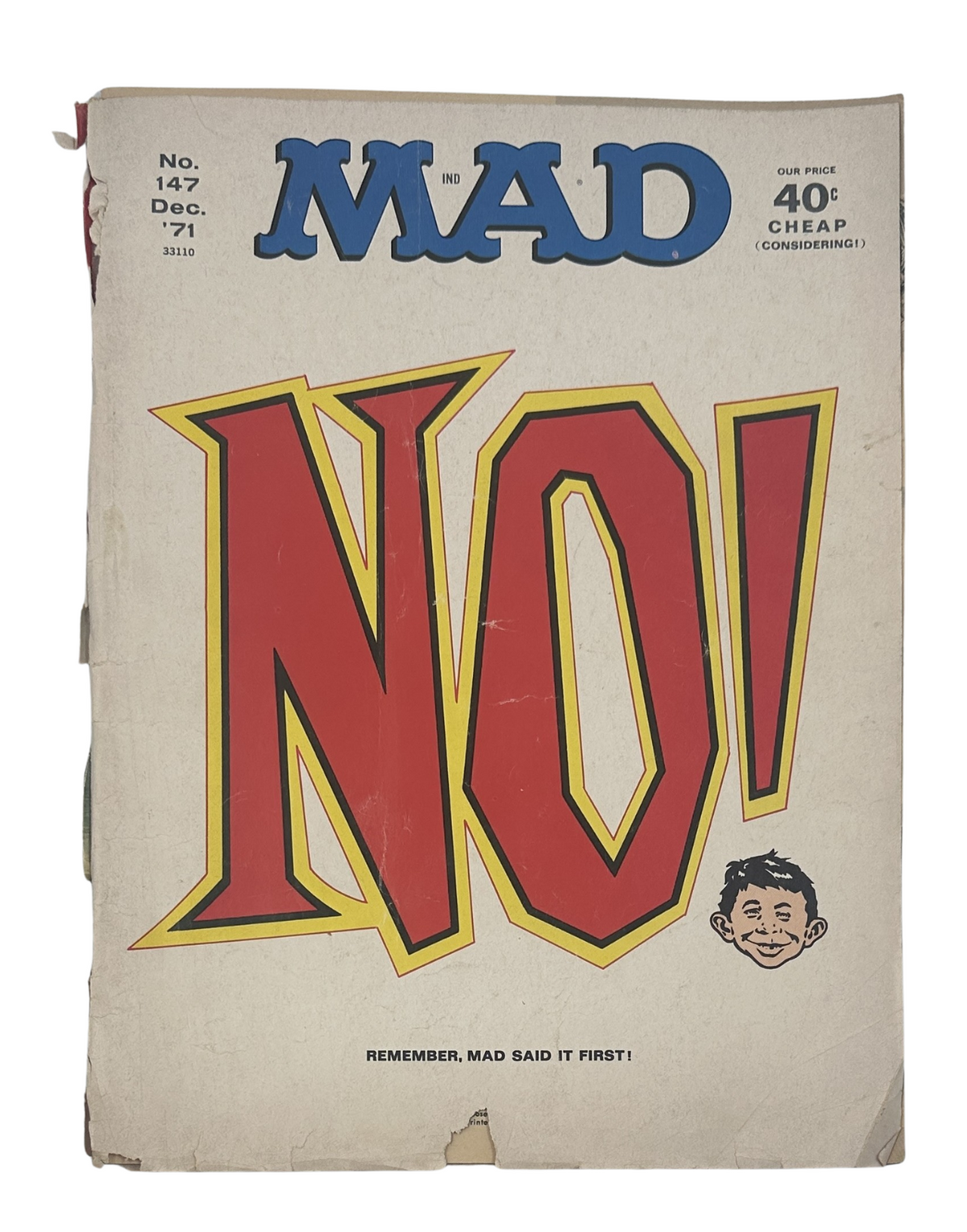 Cover of MAD Magazine No. 147, December 1971 featuring the bold title 'NO!' in large red letters and a smiling character, emphasizing the magazine's satirical content.