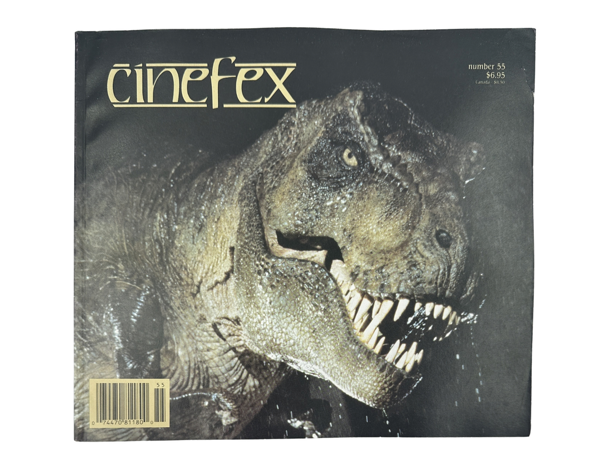 Cinefex Magazine August 1993 No. 55 featuring a close-up of a T-Rex on the cover, showcasing detailed dinosaur imagery from Jurassic Park, directed by Spielberg. In very good condition.