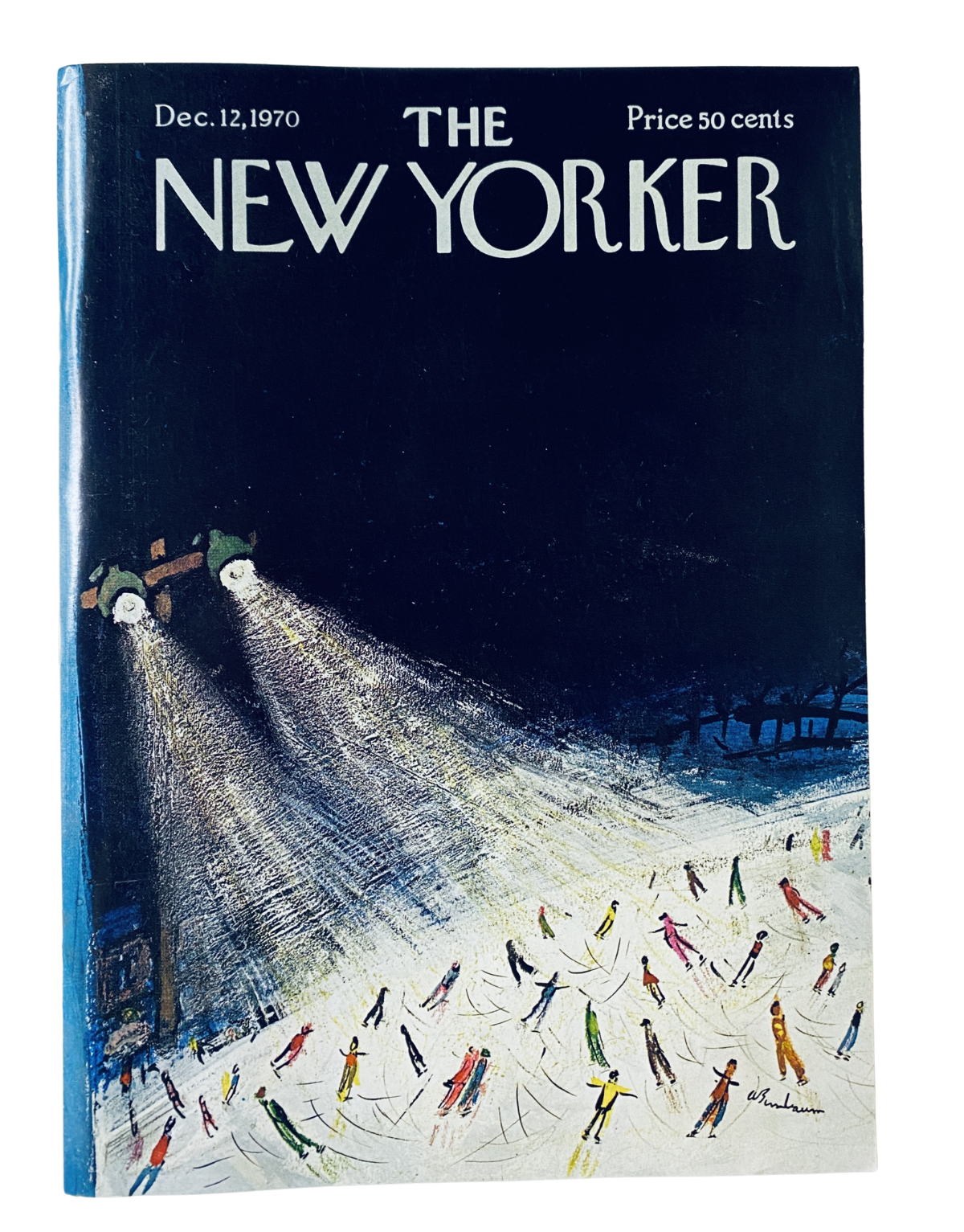 The New Yorker Magazine December 12, 1970 Night Ice Skating Cover featuring vibrant artwork by Abe Birnbaum, showcasing skaters on a winter ice rink illuminated by bright lights.