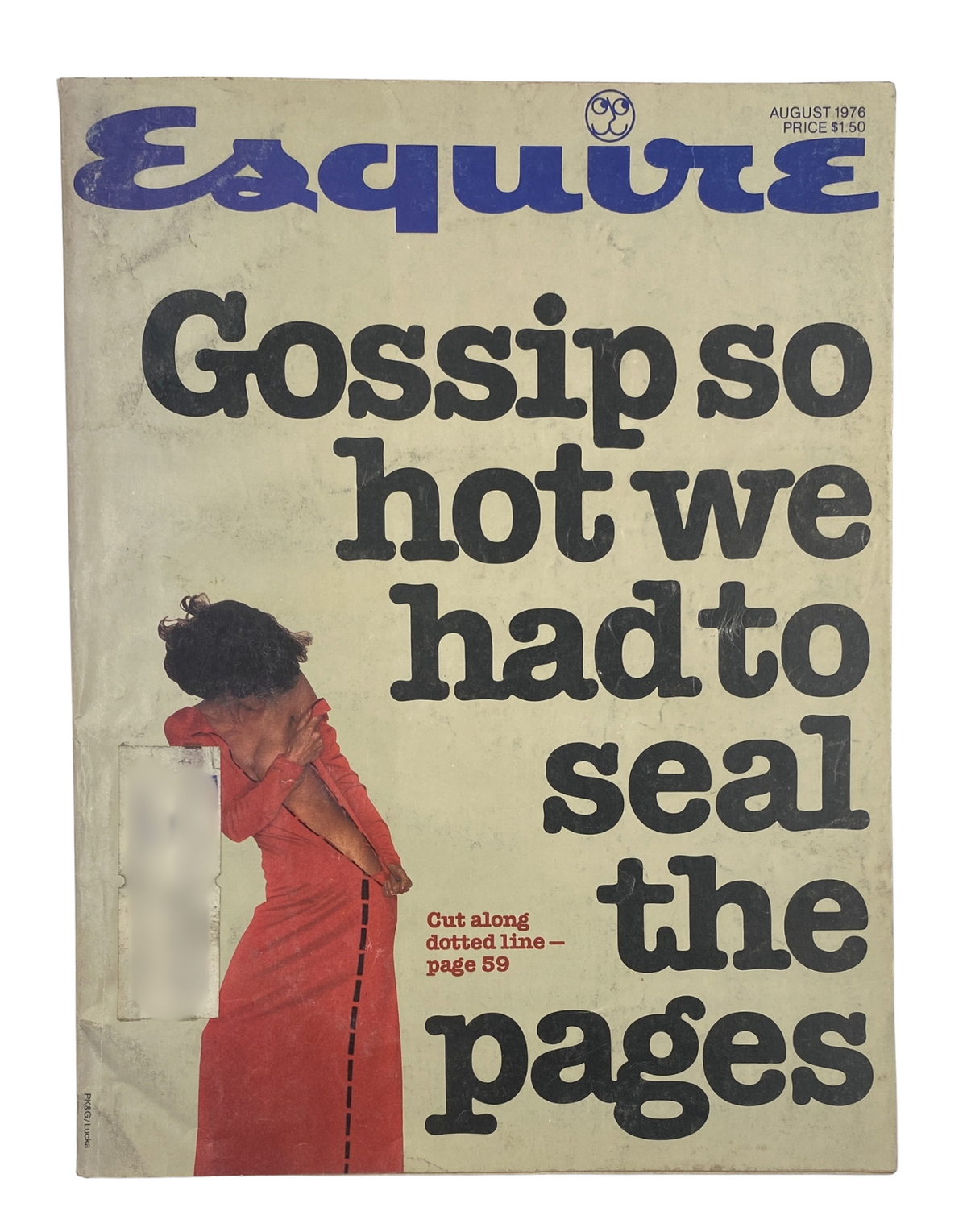 Esquire Magazine August 1976 cover featuring the headline 'Gossip so hot we had to seal the pages' with a woman in a red dress.