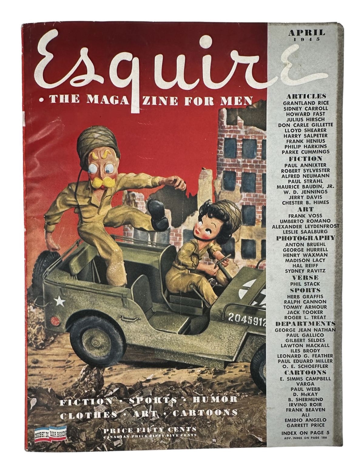 Esquire Magazine April 1945 cover featuring a cartoon illustration of soldiers in a small military vehicle, showcasing articles on fiction, sports, humor, and cartoons.