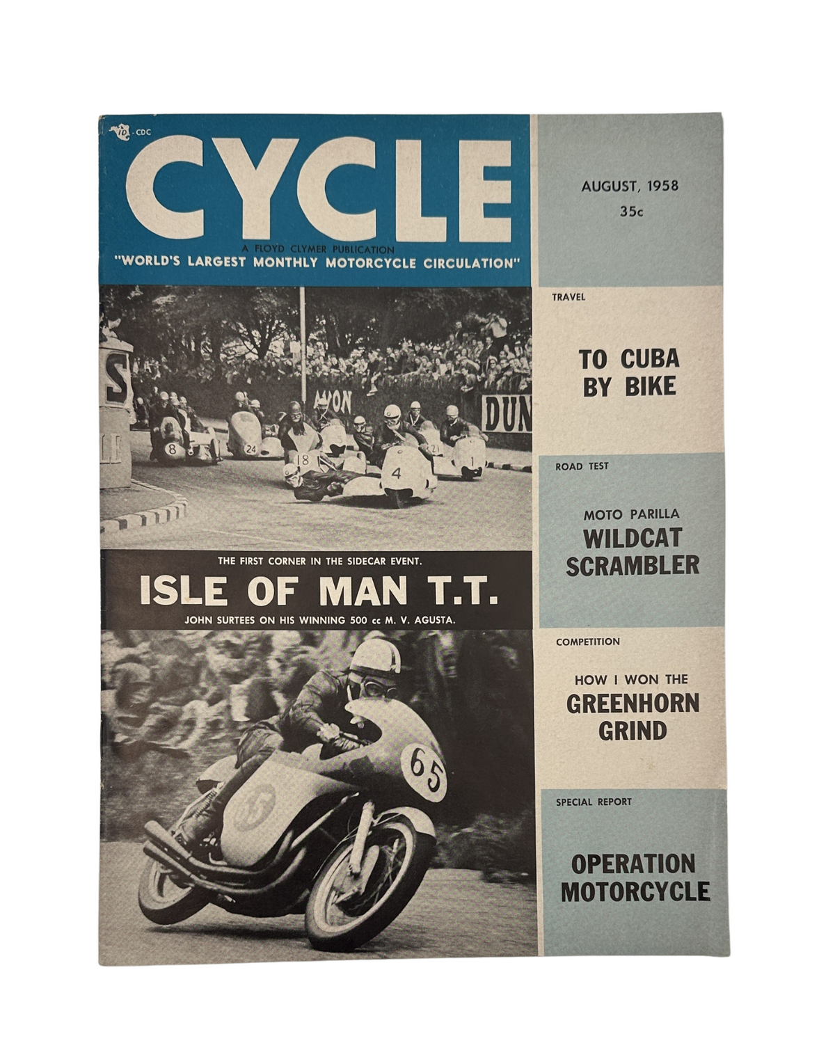 Cycle Magazine August 1958 featuring Isle of Man T.T. and Parilla Wildcat Scrambler on the cover, highlighting travel to Cuba, special bike reviews, and motorcycle competition details.