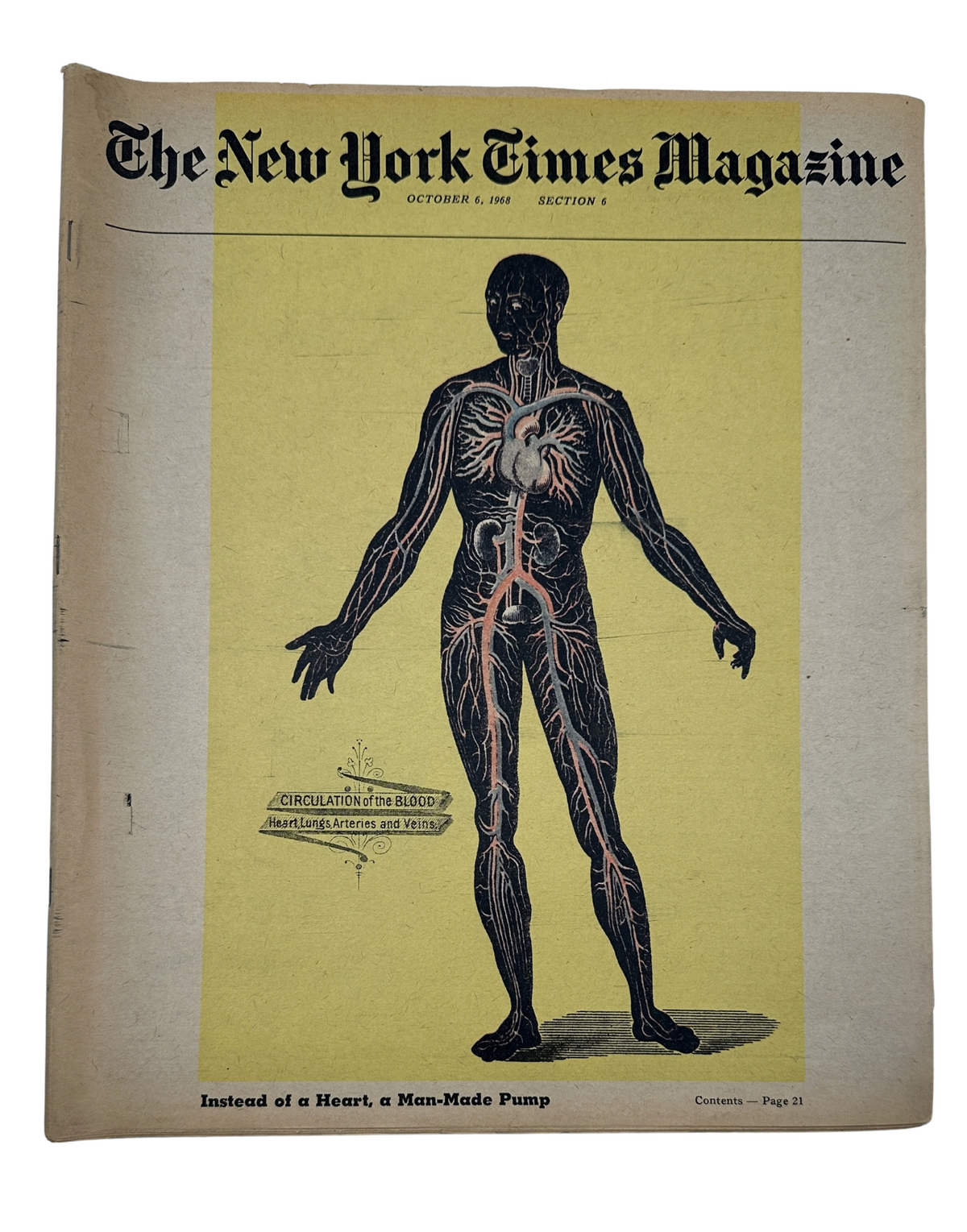 Cover of The New York Times Magazine from October 6, 1968, featuring an illustration of a human figure highlighting body circulation, titled 'Instead of a Heart, a Man-Made Pump.'