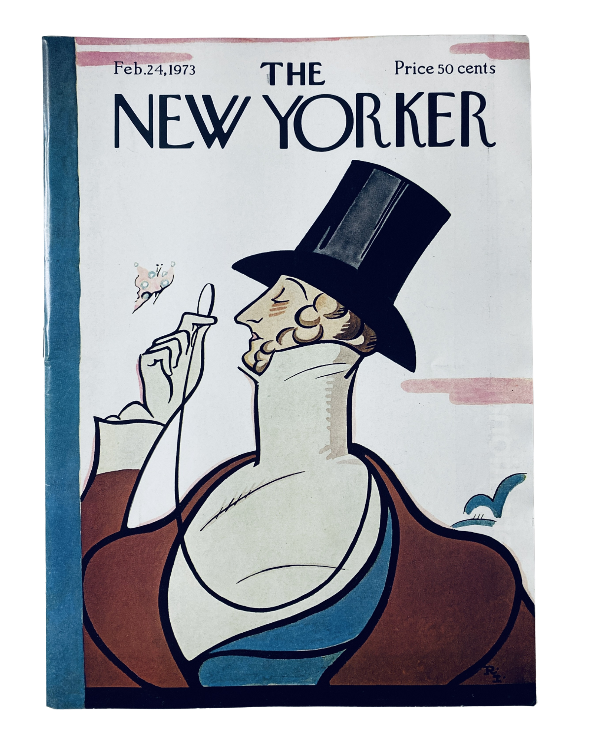Cover of The New Yorker magazine dated February 24, 1973, featuring a portrait of a gentleman in a top hat, illustrated by Rea Irvin. The cover design showcases a blend of artistic style and vintage appeal, with the magazine priced at 50 cents.