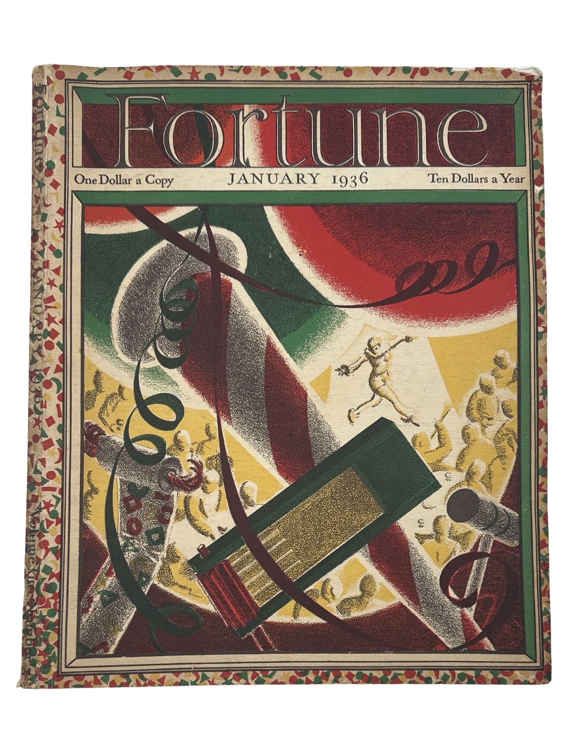Cover of Fortune Magazine January 1936 featuring colorful geometric designs and a depiction of a figure amidst vibrant patterns. Title: Fortune Magazine January 1936 Florida Miami Gold Brookings Nrman Reeves.