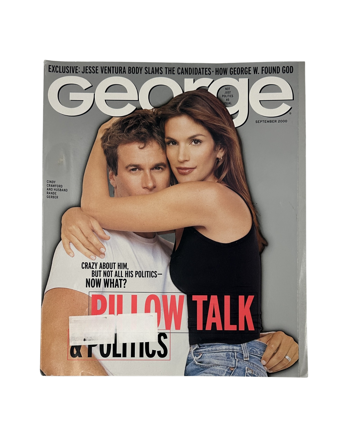 George Magazine September 2000 cover featuring Cindy Crawford and Rande Gerber in an embrace, highlighting themes of politics and pillow talk.