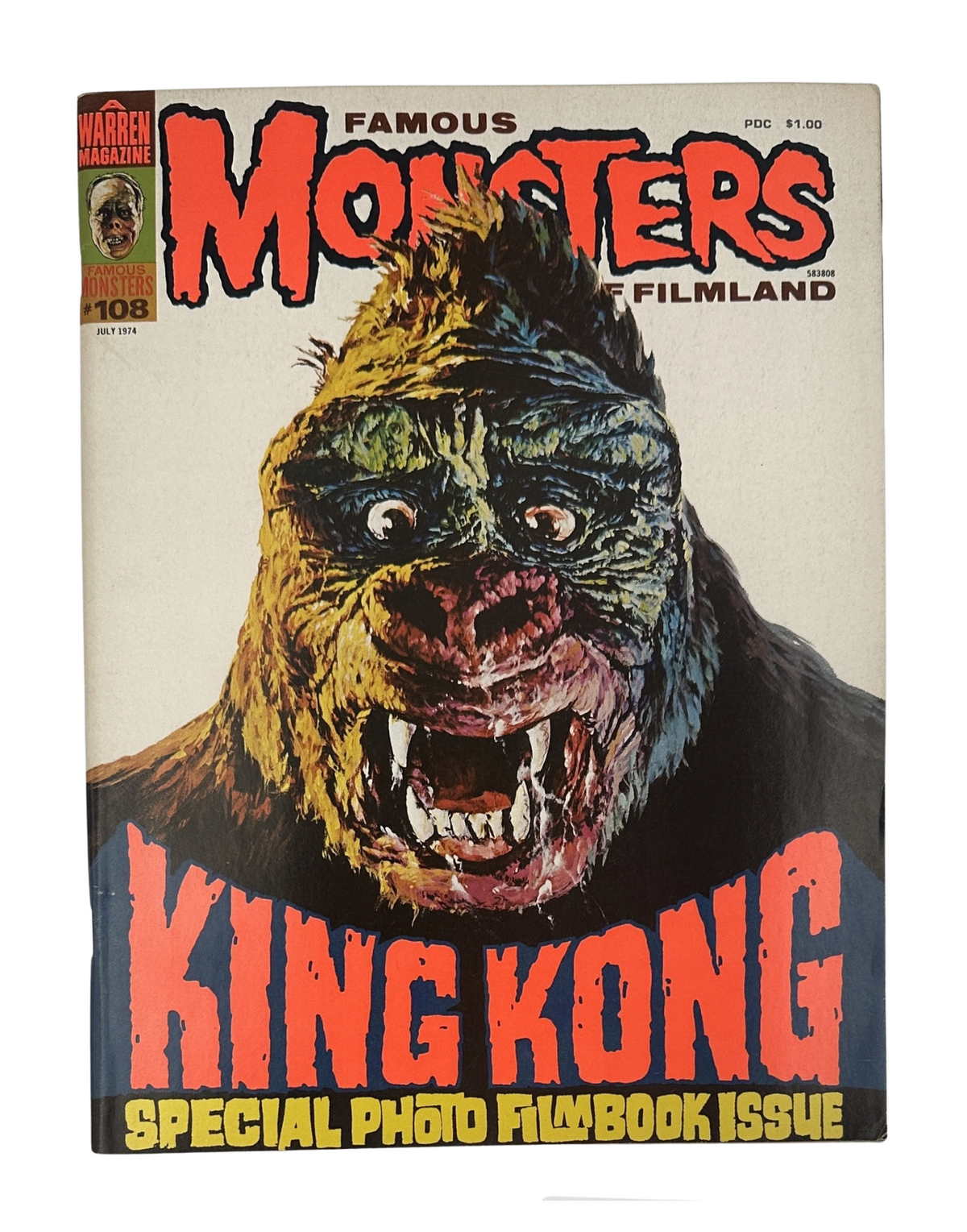 Famous Monsters of Filmland Magazine No. 108 from July 1974 featuring King Kong on the cover. This vintage magazine showcases iconic monster cinema and includes articles and features related to horror and film history.