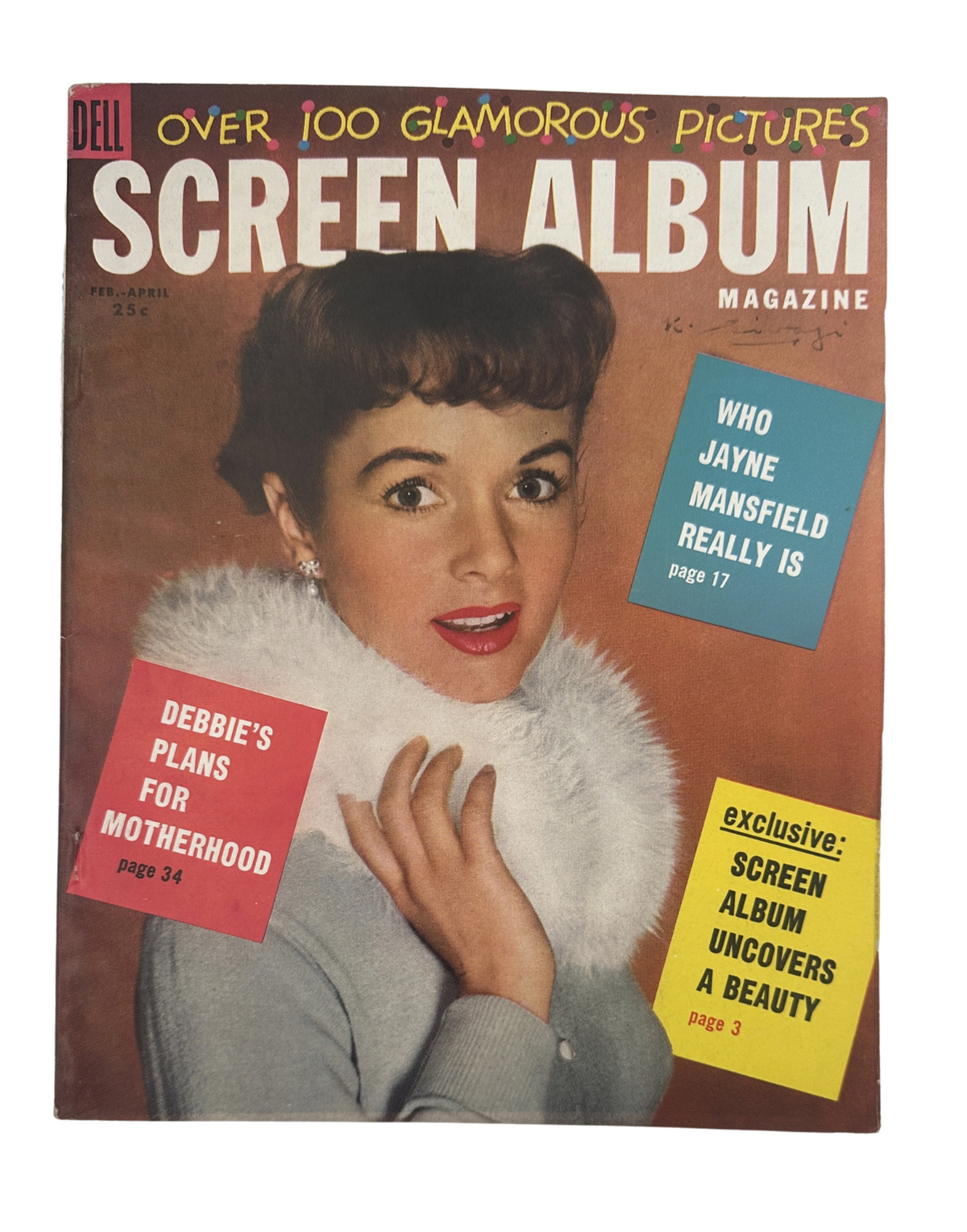 Cover of Screen Album Magazine February 1956 featuring a glamorous portrait of a woman with short hair wearing a stylish fur collar, showcasing highlights about Jayne Mansfield and Debbie Reynolds.