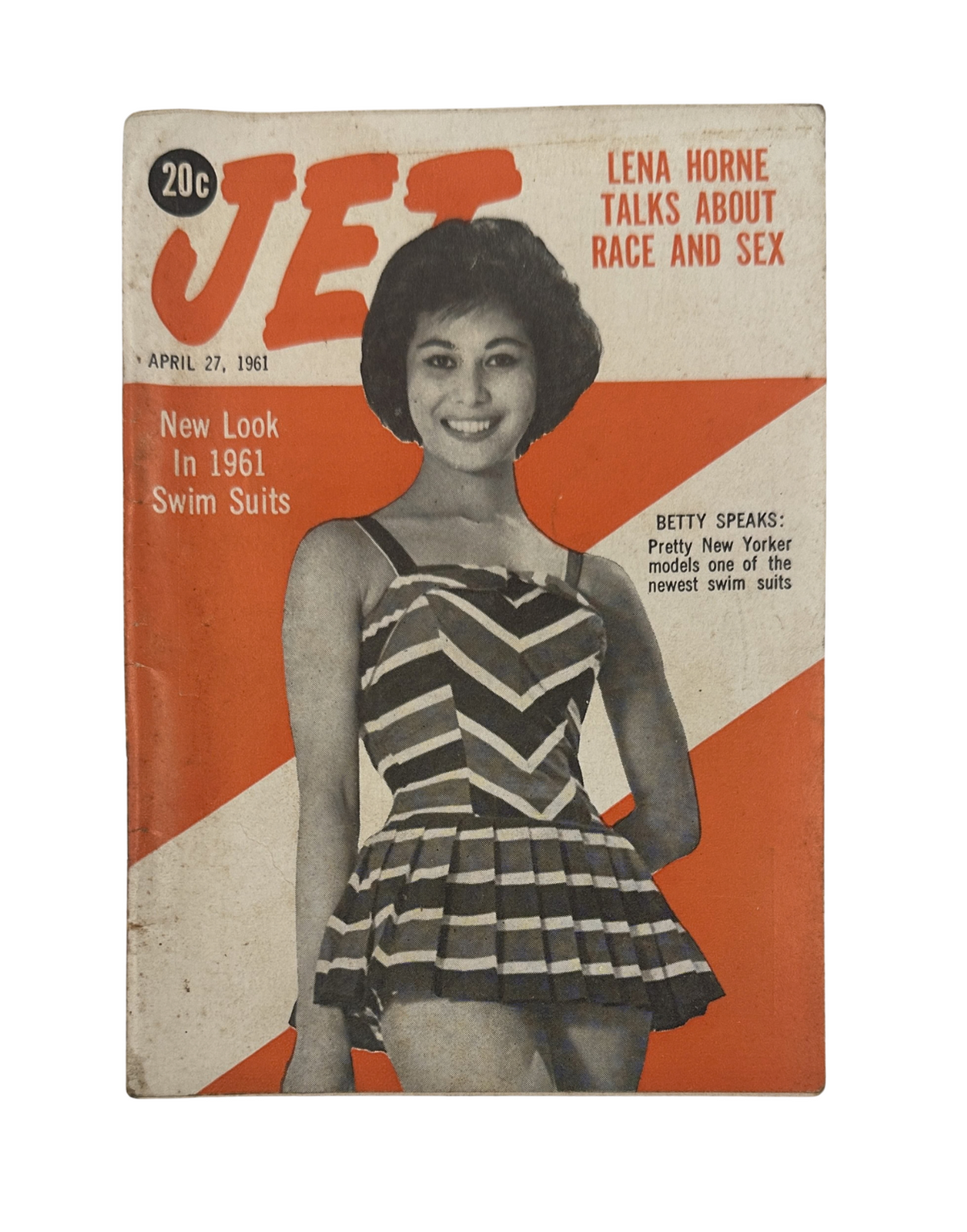Jet Magazine cover from April 27, 1961 featuring Lena Horne on the topic of race and sex, showcasing a New Look in 1961 swimwear with a stylish striped swimsuit.