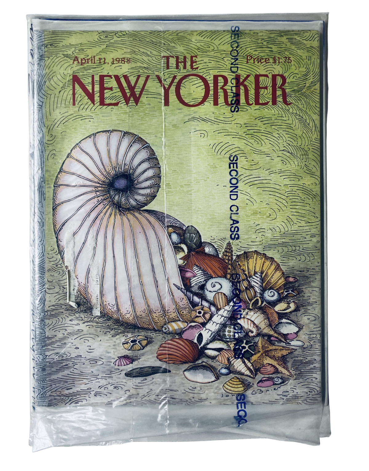 SEALED The New Yorker Magazine April 11, 1988 featuring a beautiful seashell still life cover. The magazine is in brand new condition, factory-sealed, and showcases vibrant marine-themed artwork.