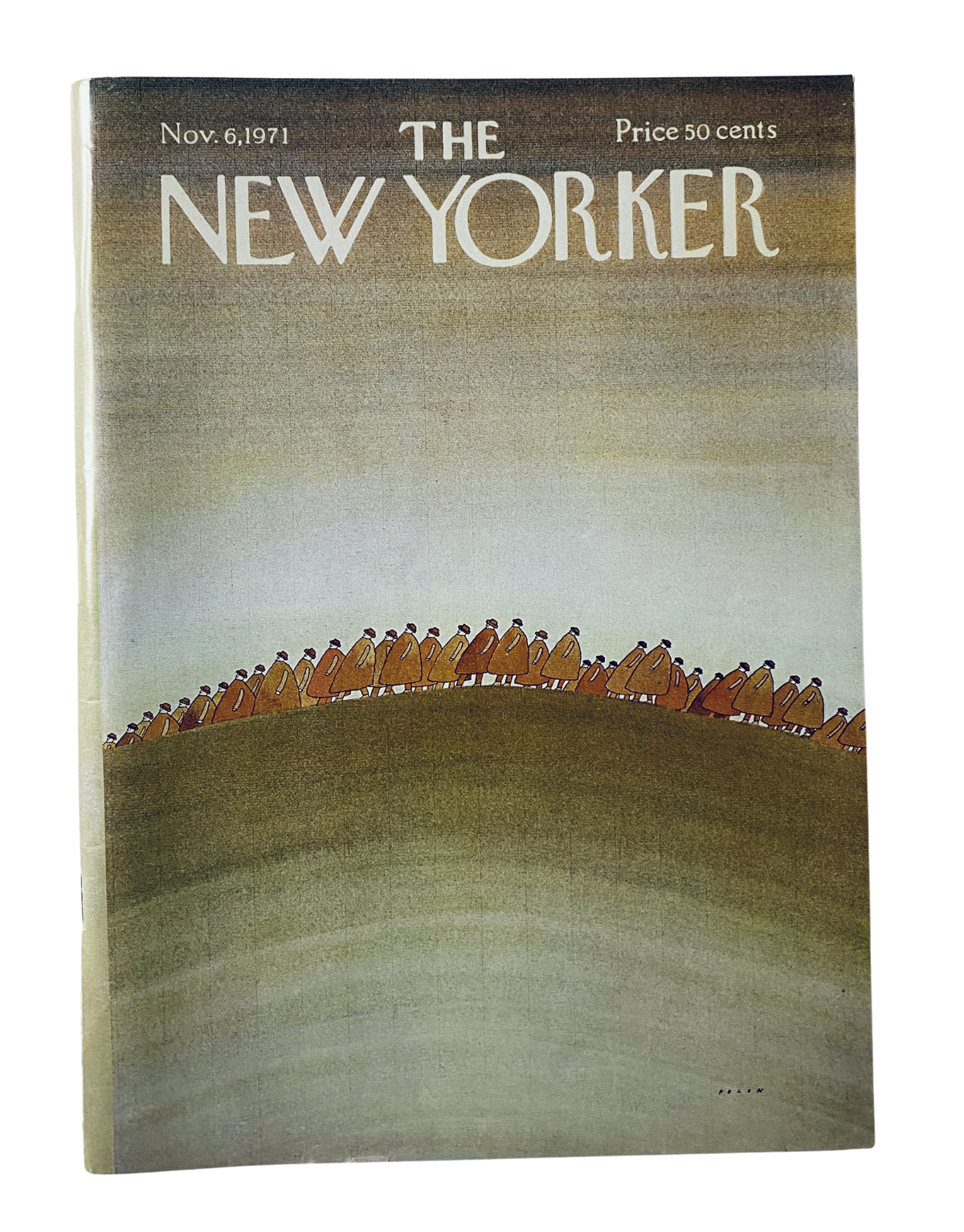 The New Yorker Magazine November 6, 1971 featuring J. Folon Procession Hill cover art, showcasing a serene landscape with figures in brown attire atop a hill.