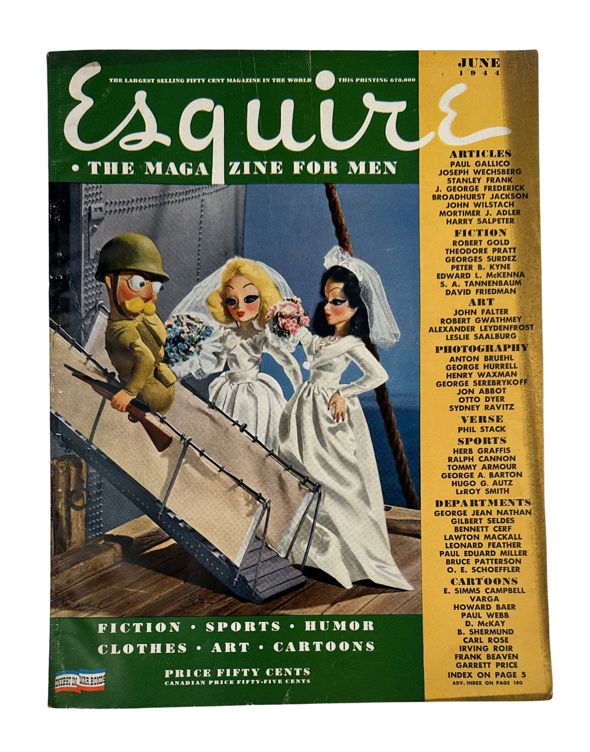 Esquire Magazine June 1944 cover featuring The Giant Killer Foldout, Varga artwork, and Leydenfrost illustrations, showcasing dolls and a military figure.