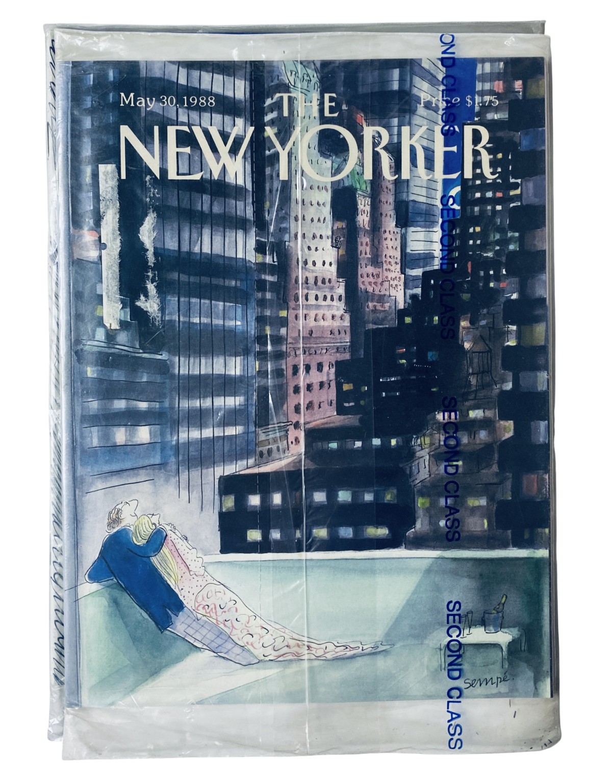 SEALED The New Yorker Magazine May 30, 1988 featuring a City Night Rooftop illustration by Sempé, showing the magazine in factory-sealed condition with protective plastic wrap.