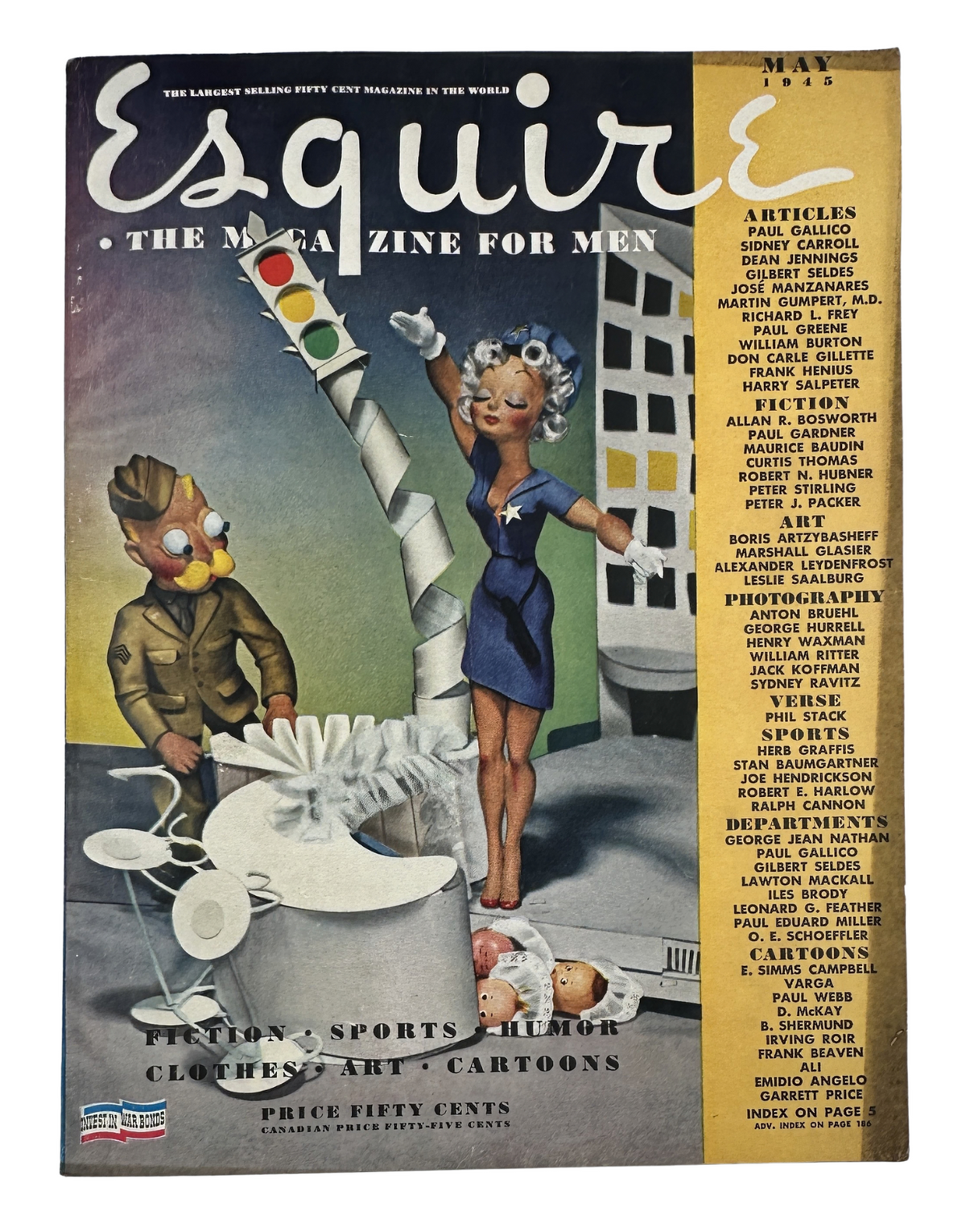 Esquire Magazine cover from May 1945 featuring Varga Foldout, Leydenfrost, Boris, and a pinup illustration. The magazine's vibrant design showcases playful characters and includes articles on sports, humor, and culture.