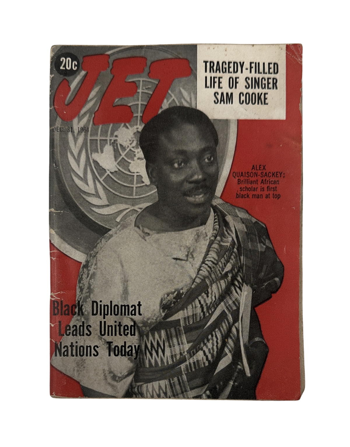 Cover of Jet Magazine from December 31, 1964 featuring Sam Cooke and Alex Quaison Sackey. The cover highlights the life of singer Sam Cooke and features Alex Quaison Sackey, an influential African scholar and diplomat. This vintage magazine represents historical significance and cultural insights from the 1960s.
