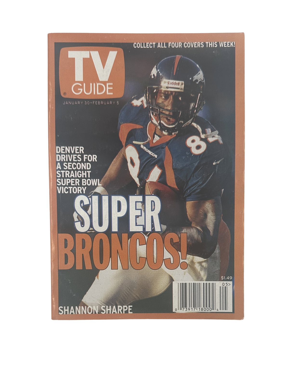 TV Guide Magazine cover from January 30, 1999 featuring Super Bowl Broncos and player Shannon Sharpe. The headline reads 'SUPER BRONCOS!'.