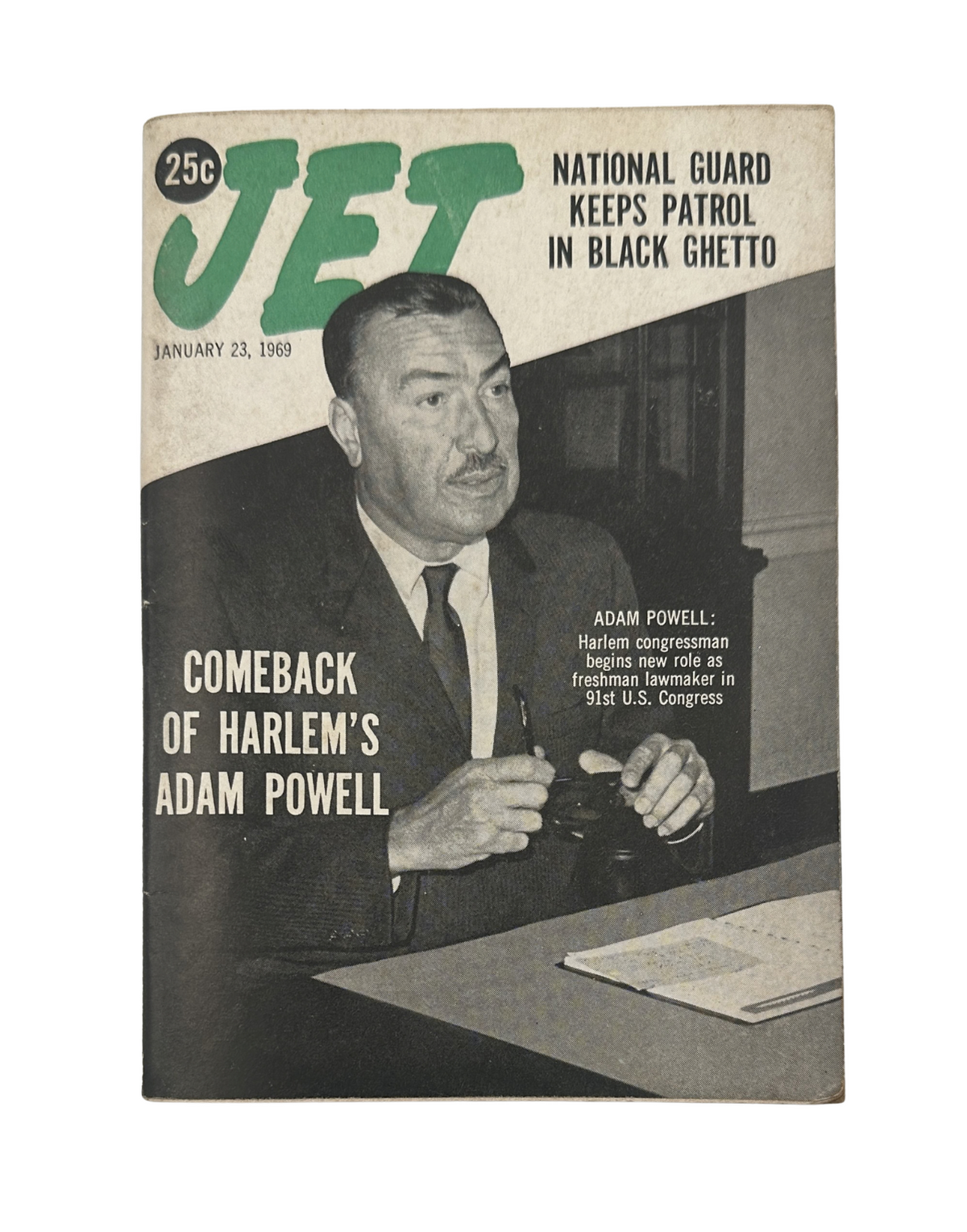 Cover of Jet Magazine, January 23, 1969 featuring Adam Powell with the headline 'National Guard Keeps Patrol in Black Ghetto'. The magazine highlights the comeback of Harlem's Adam Powell.
