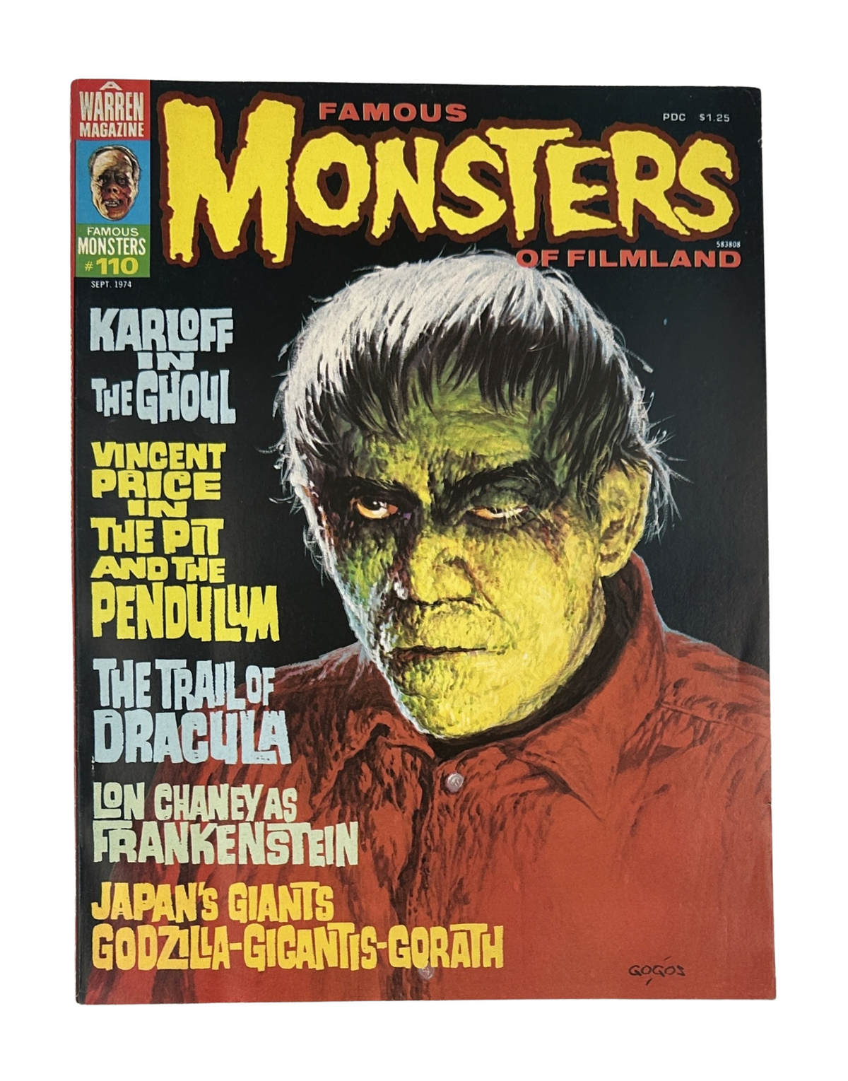 Cover of Famous Monsters of Filmland No. 110 from September 1974 featuring Karloff as The Ghoul, Vincent Price in The Pit and The Pendulum, and Lon Chaney as Frankenstein. Highlights the issue's focus on classic horror films.