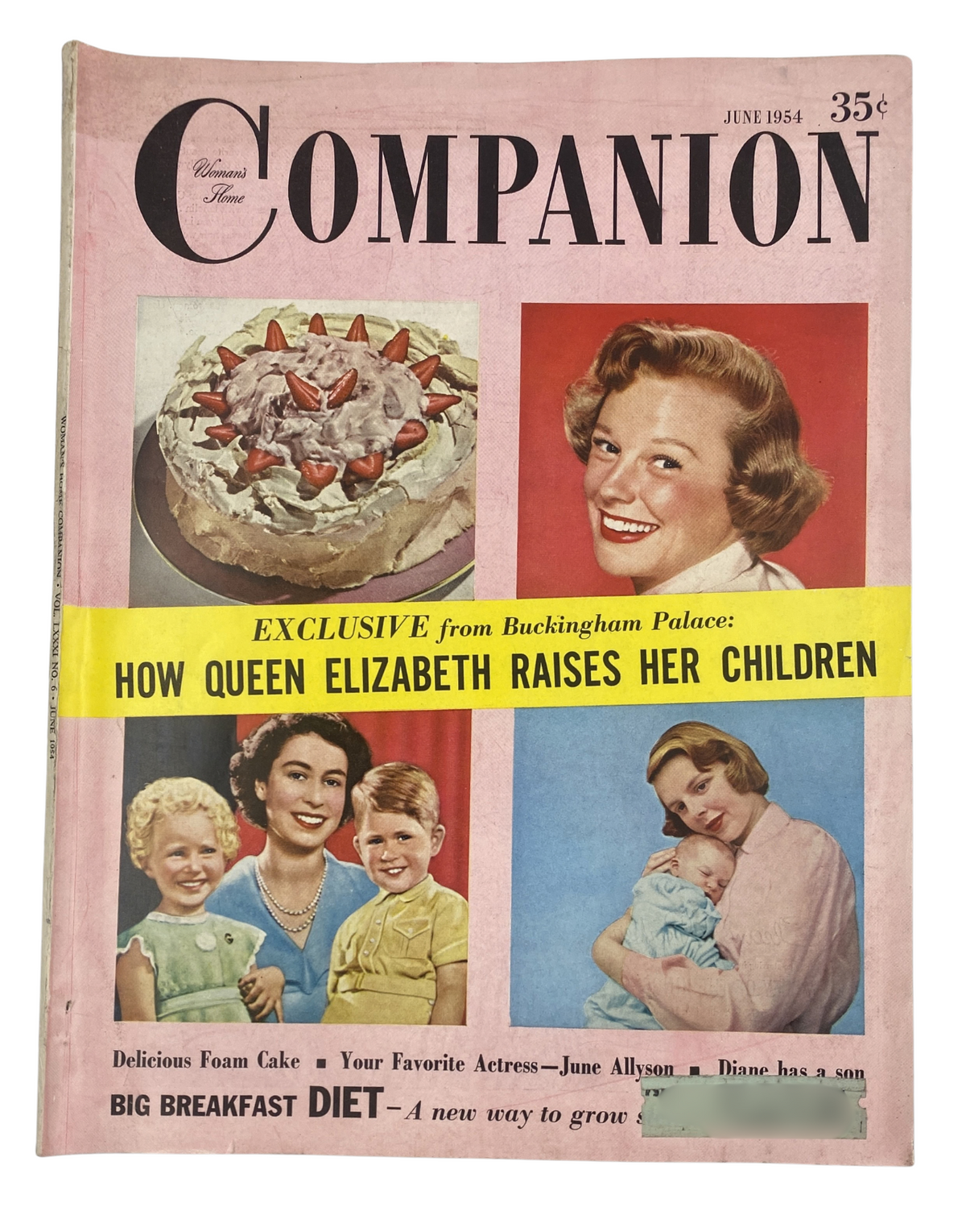 June 1954 Woman’s Home Companion Magazine cover showcasing an exclusive article on how Queen Elizabeth raises her children, featuring a colorful design with a delicious foam cake and images of well-known personalities.
