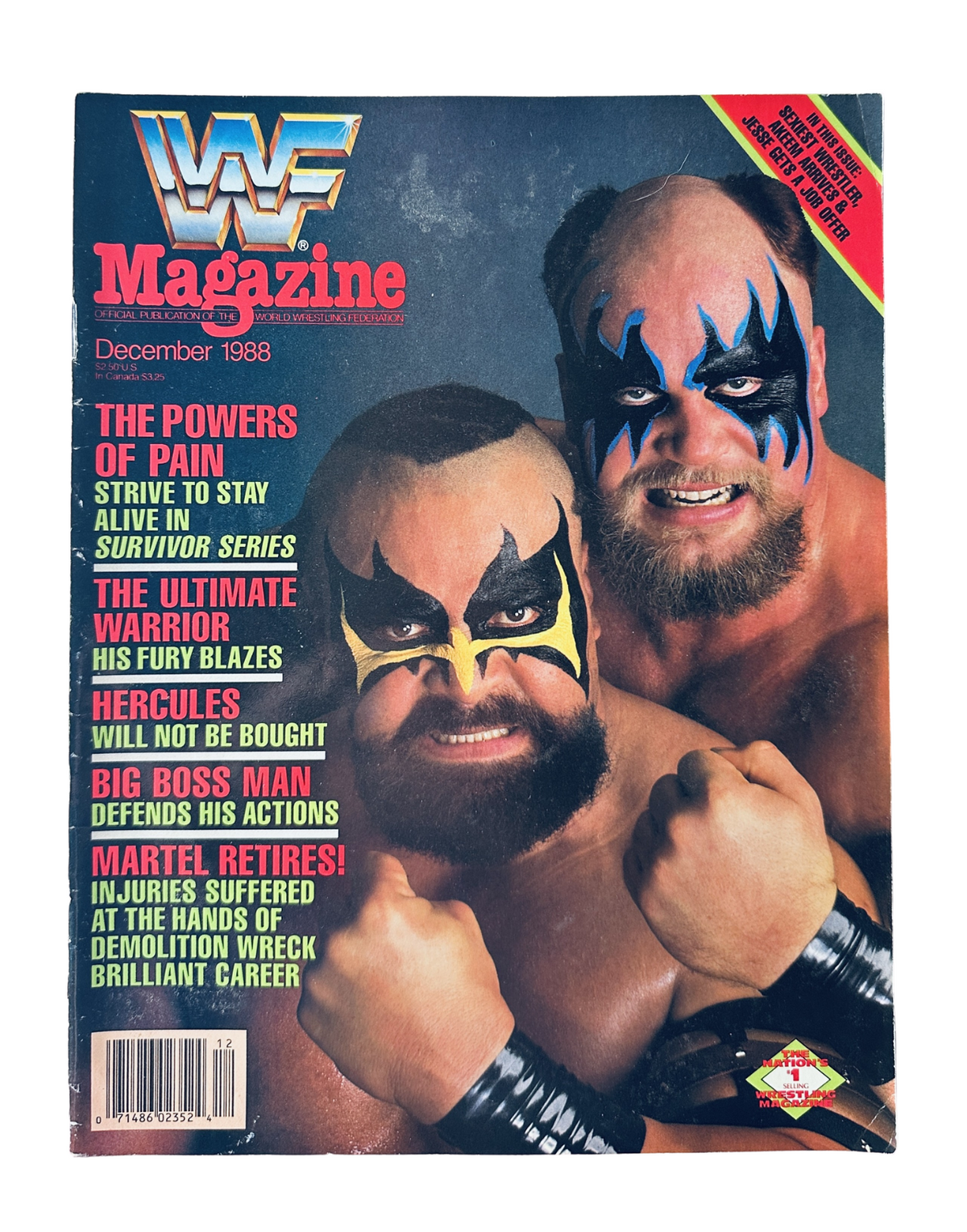 WWF Magazine December 1988 cover featuring The Ultimate Warrior and Hercules, showcasing their iconic face paint and muscular build, promoting the Survivor Series event.