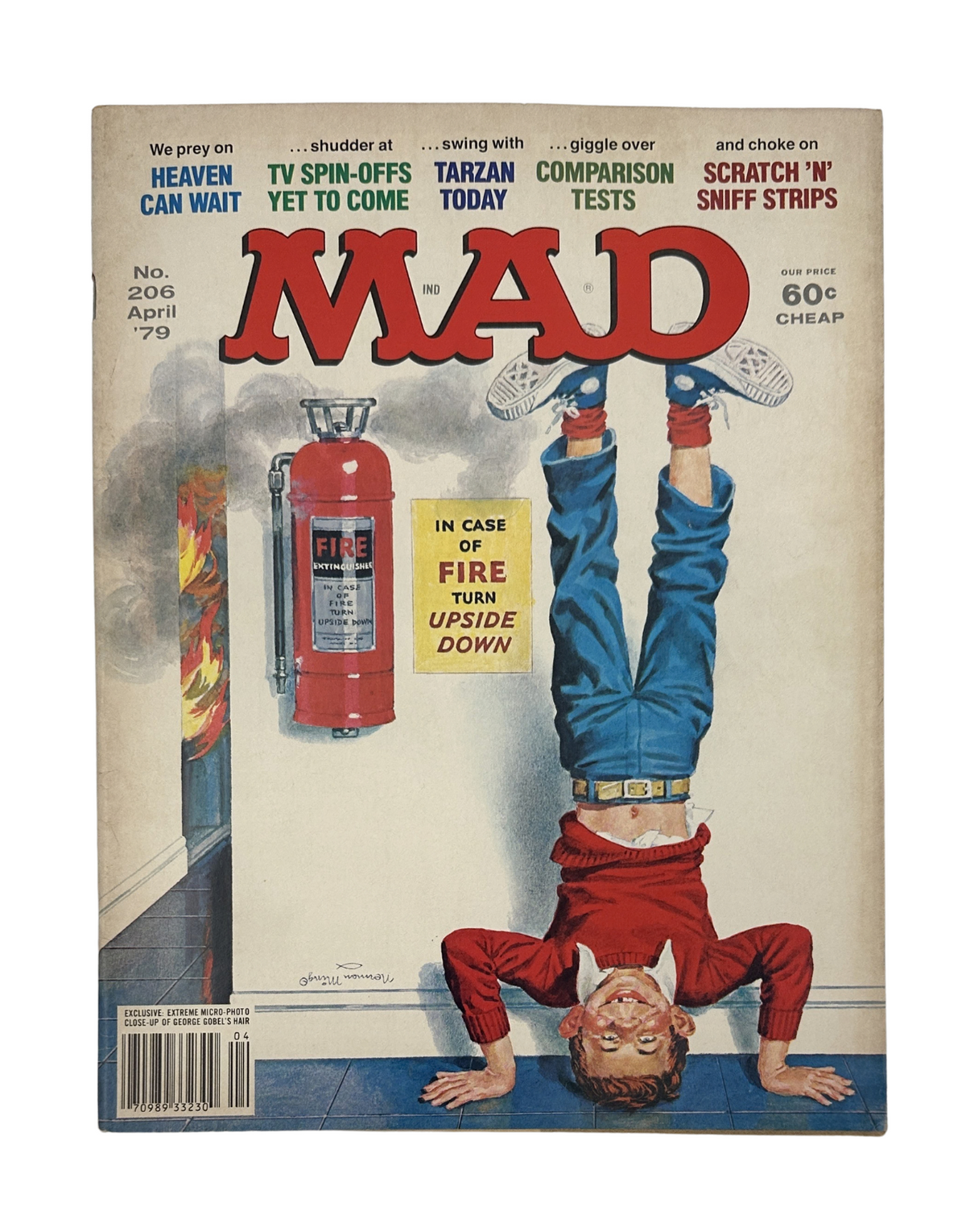 Cover of MAD Magazine No. 206 from April 1979 featuring a comedic illustration of a boy standing upside down, with a fire extinguisher in the background. The title 'Heaven Can Wait' is prominently displayed.